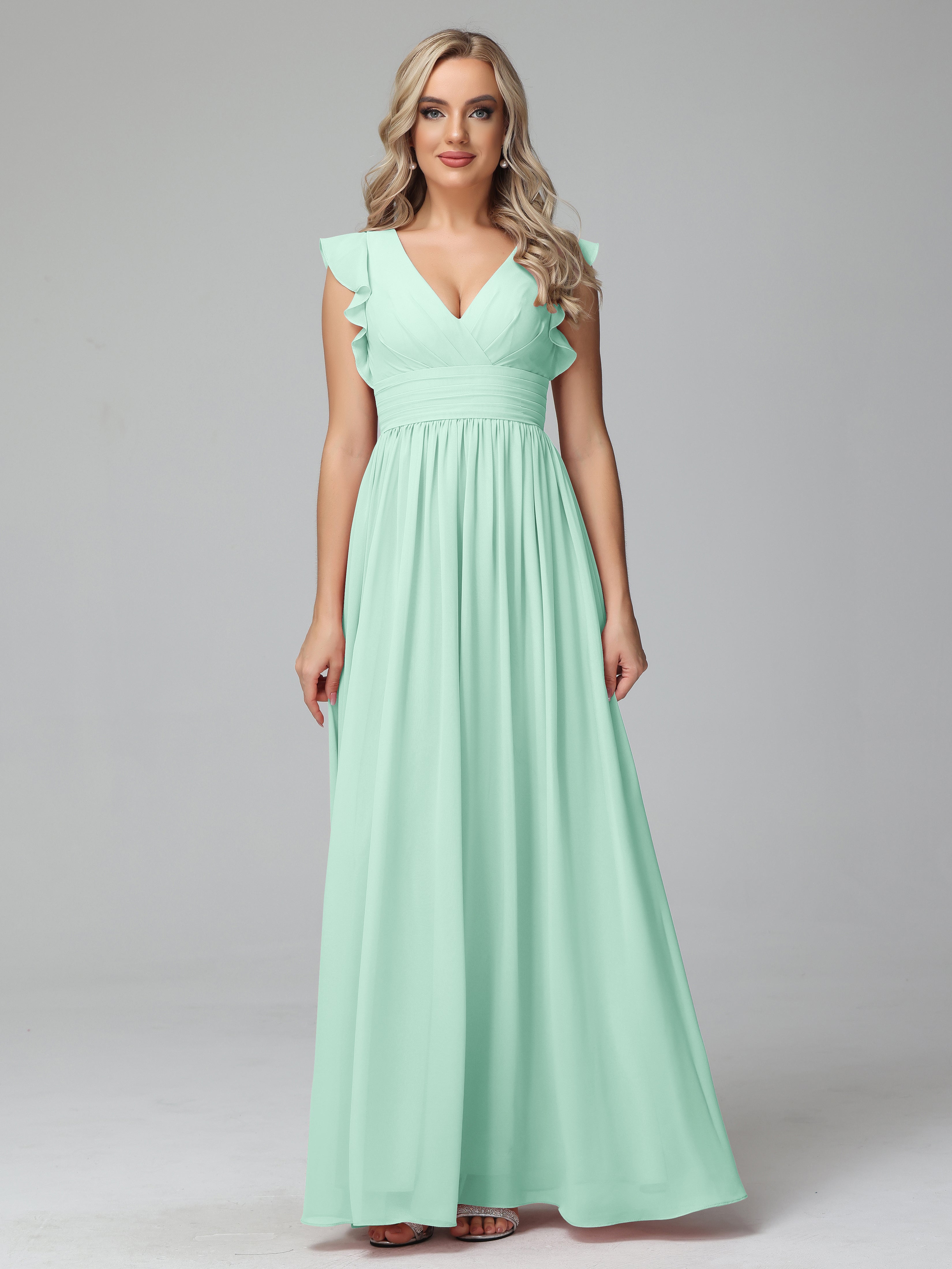 Bonnie V-Neck Chiffon Bridesmaid Dresses With Ruffle Sleeves