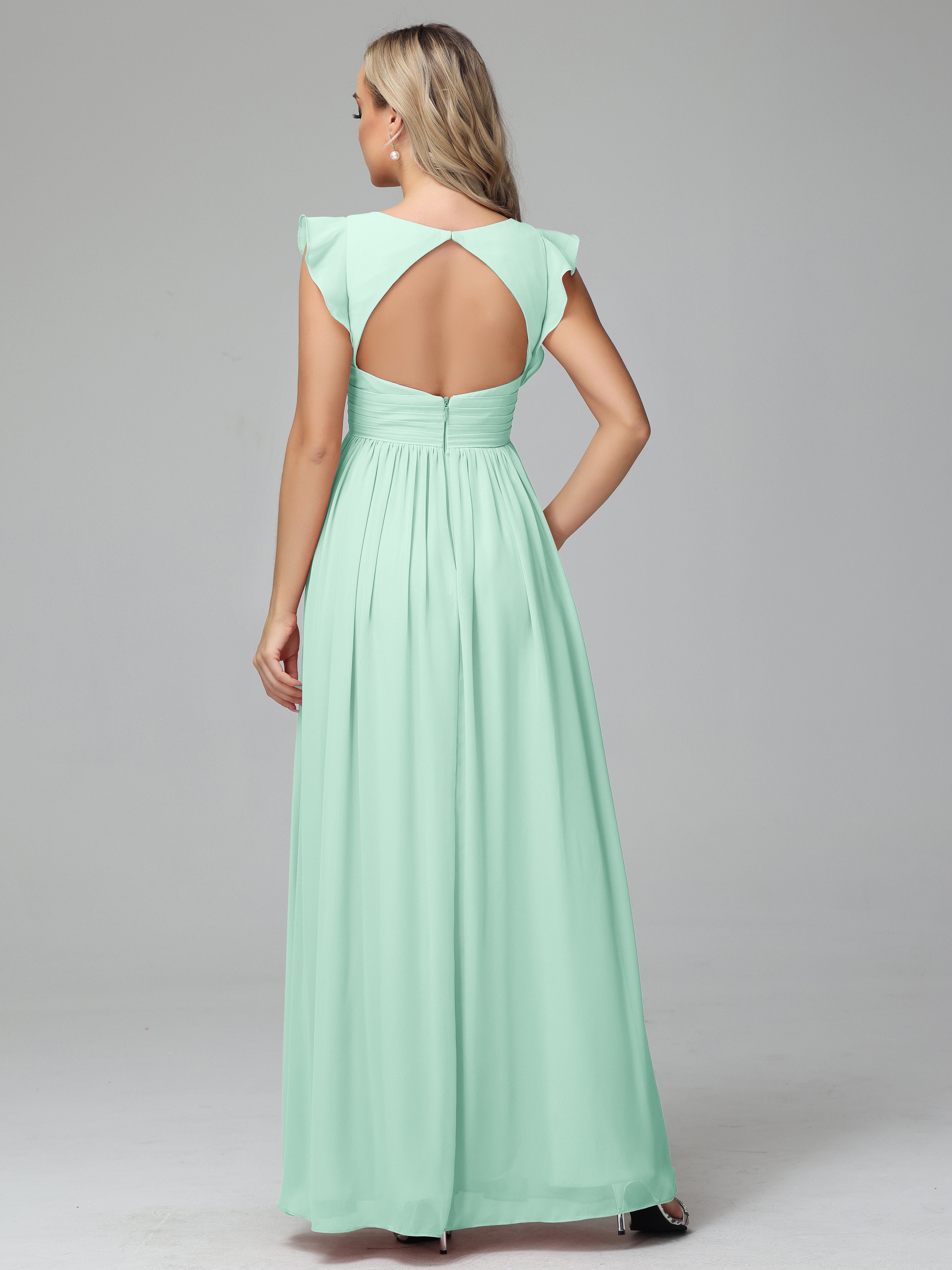 Bonnie V-Neck Chiffon Bridesmaid Dresses With Ruffle Sleeves