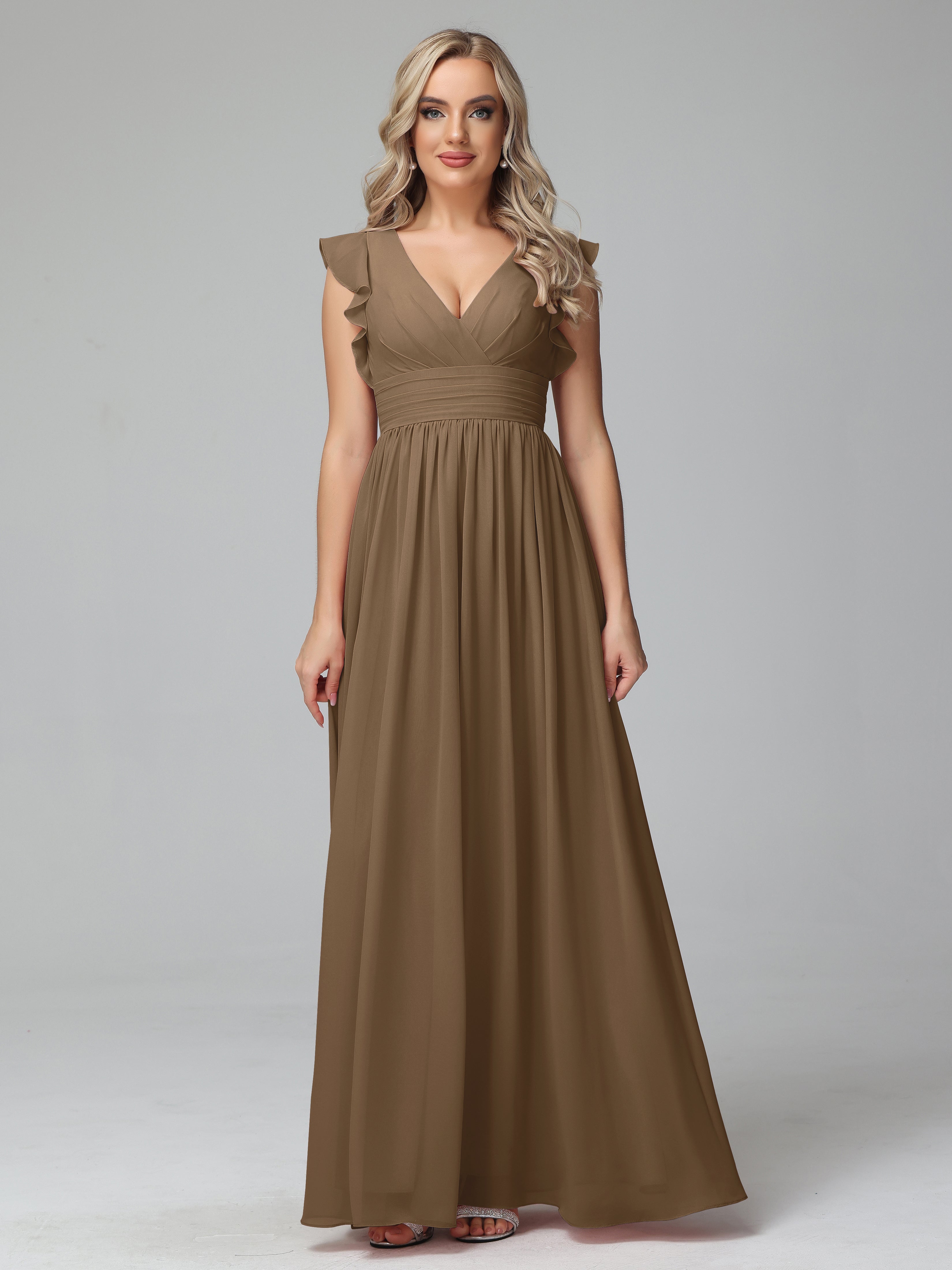 Bonnie V-Neck Chiffon Mother of the Bride Dress With Ruffle Sleeves