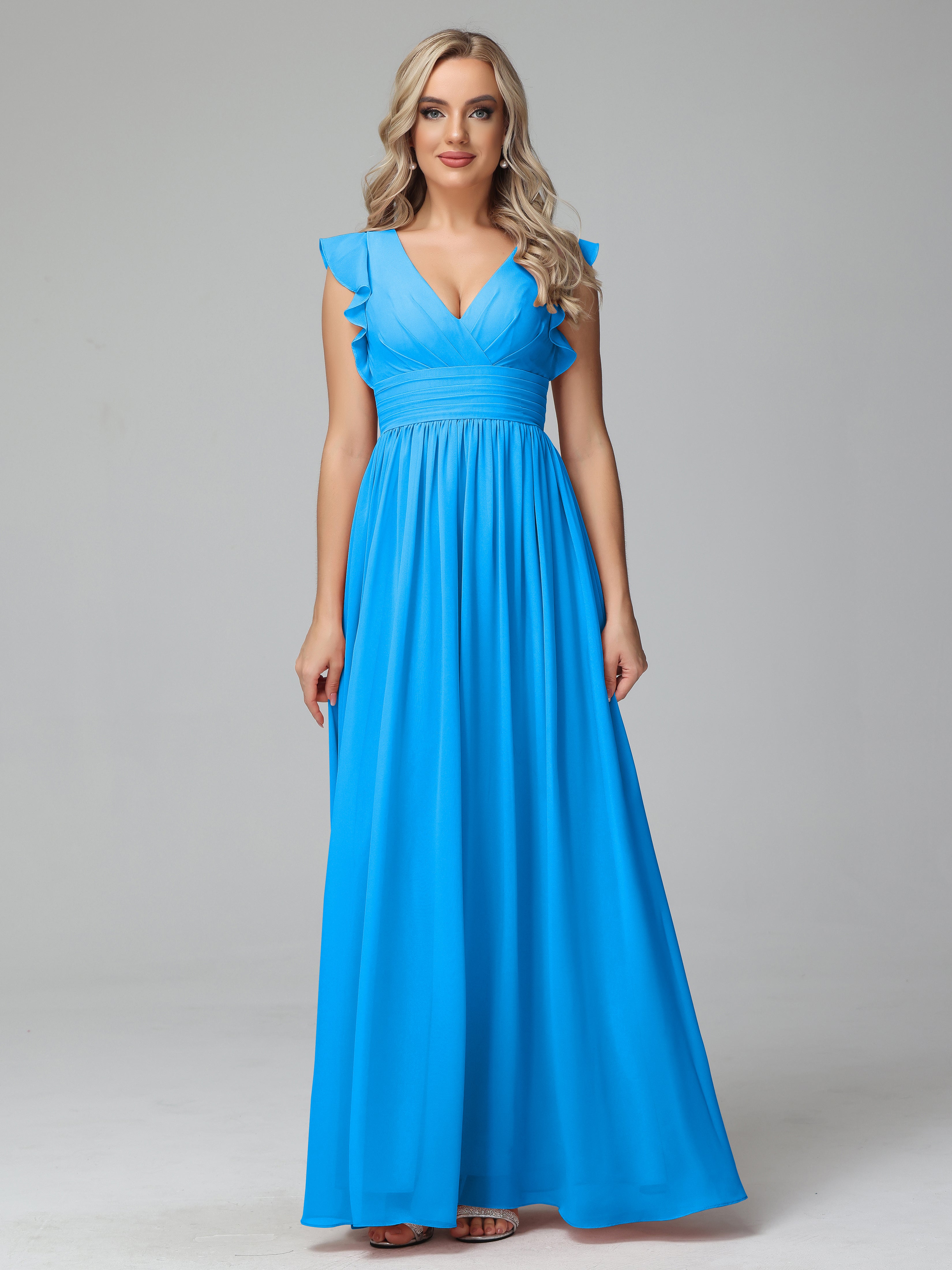 Bonnie V-Neck Chiffon Mother of the Bride Dress With Ruffle Sleeves