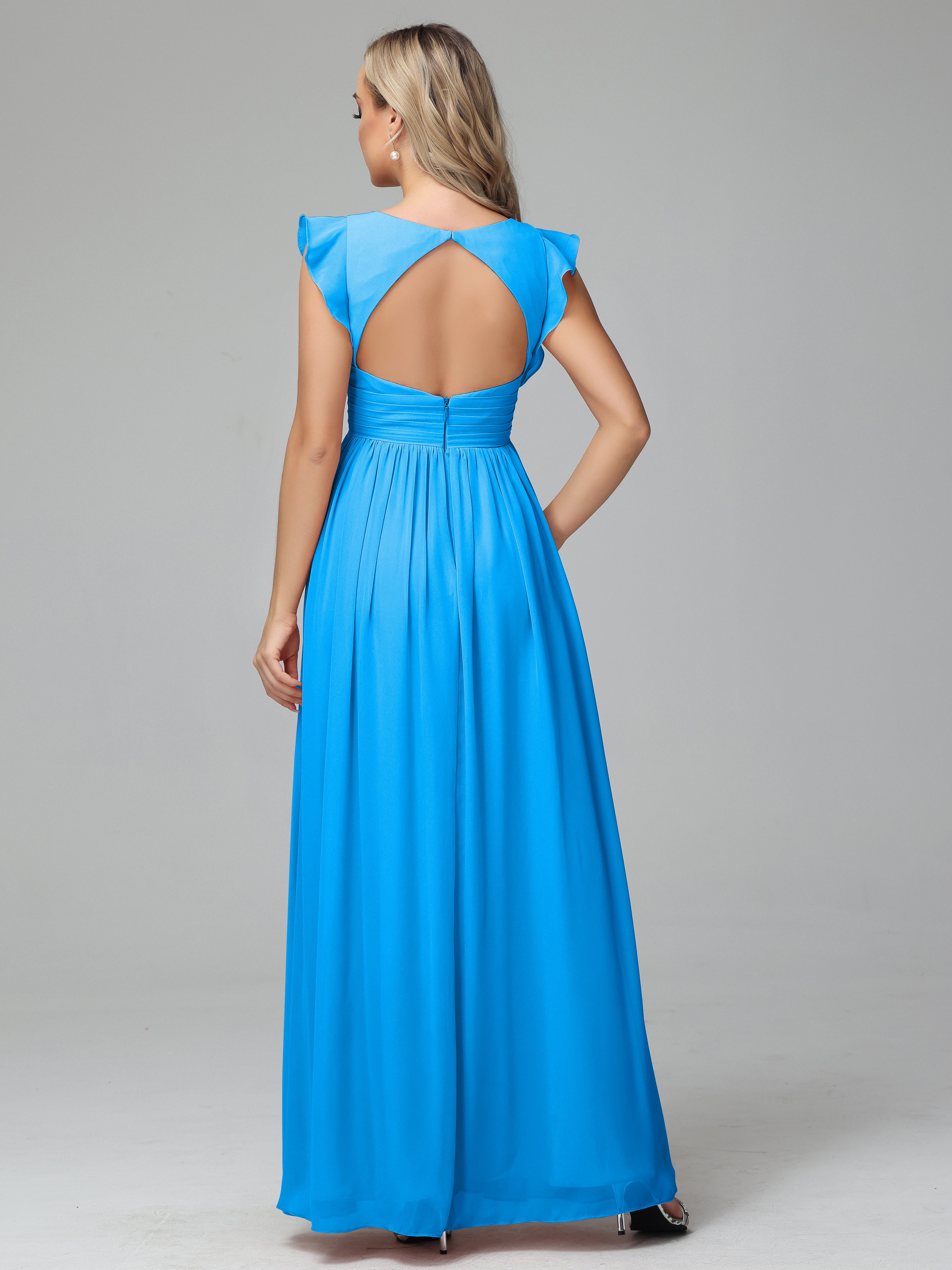 Bonnie V-Neck Chiffon Bridesmaid Dresses With Ruffle Sleeves