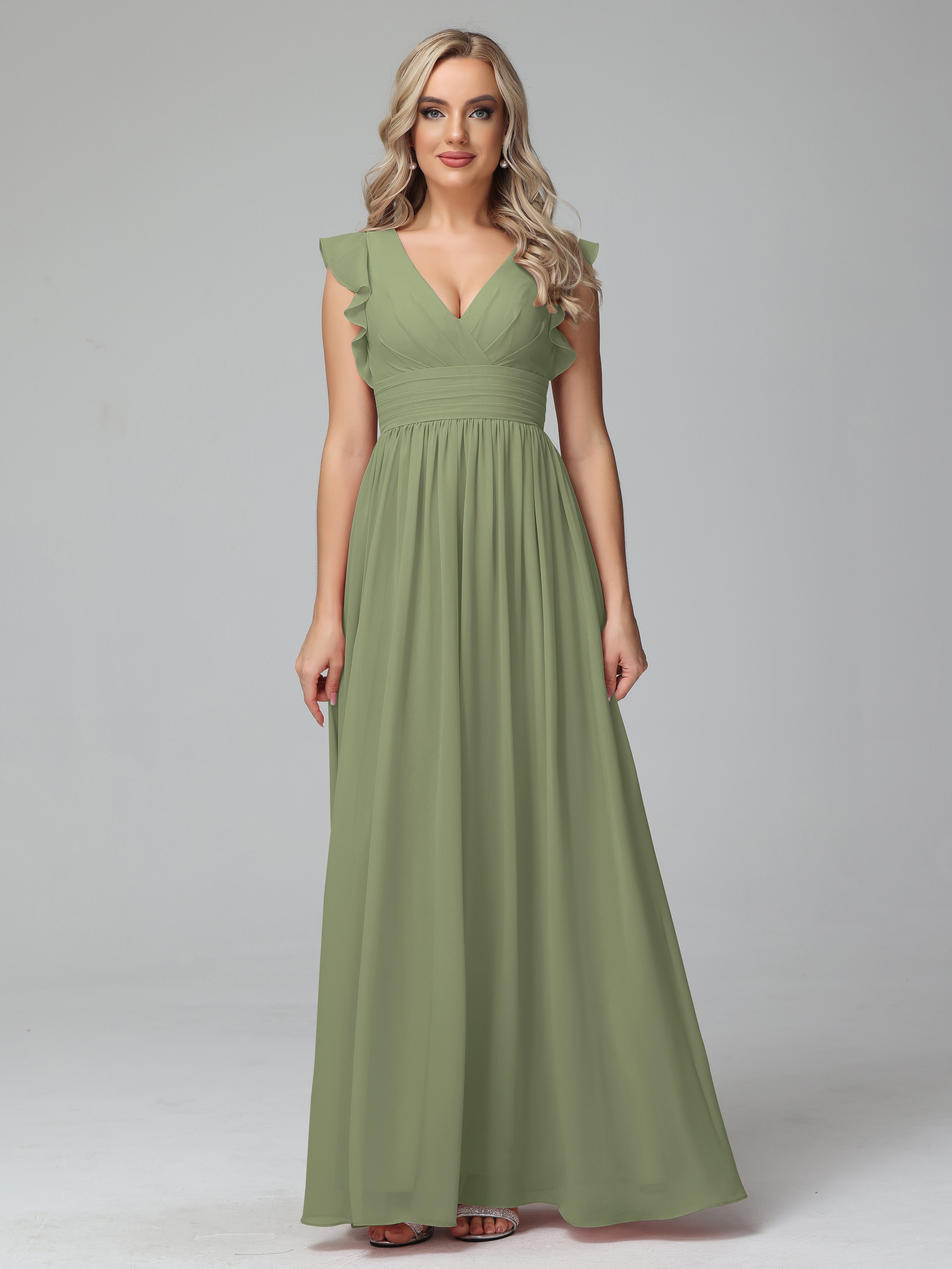 Bonnie V-Neck Chiffon Bridesmaid Dresses With Ruffle Sleeves