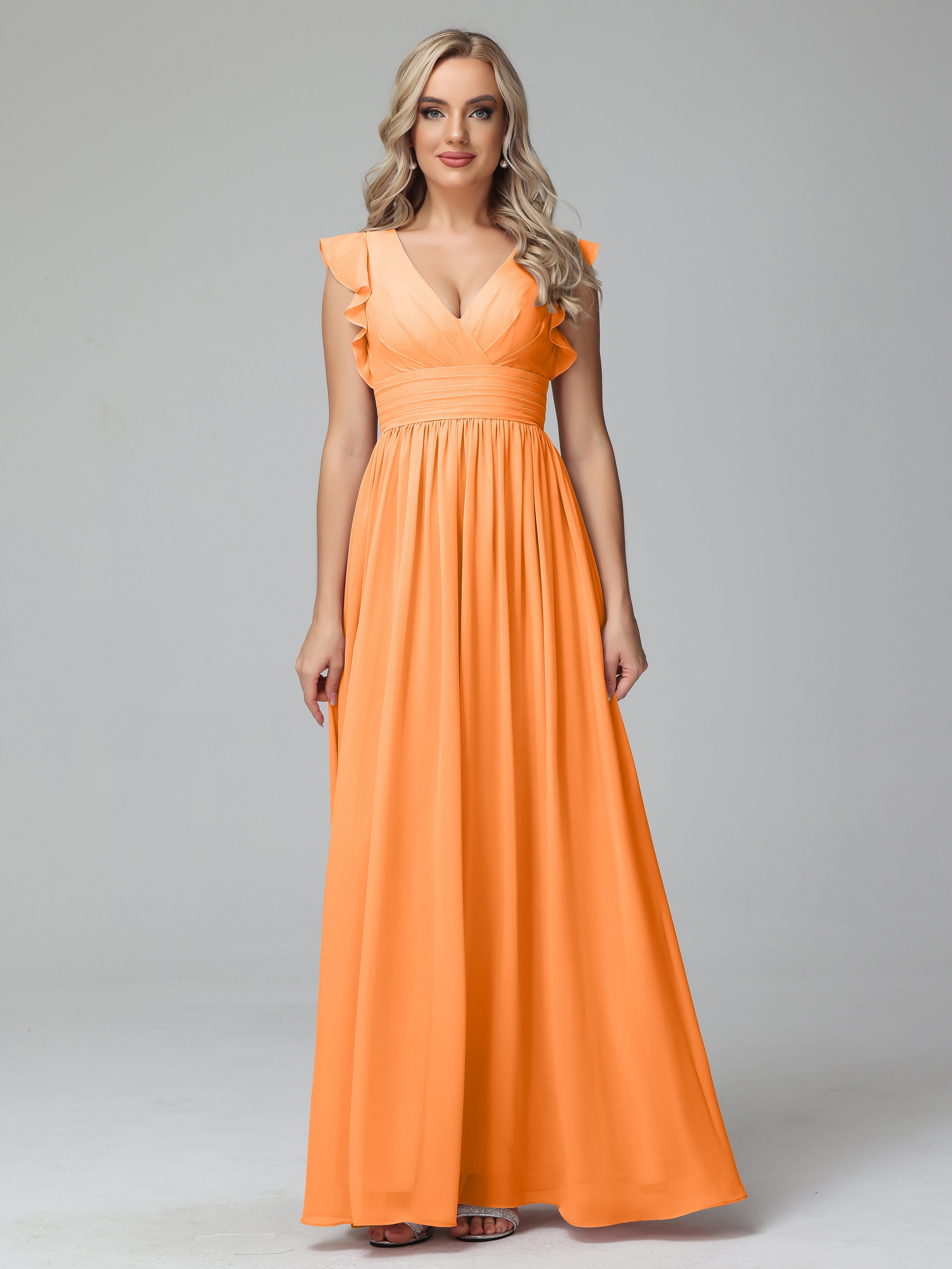 Bonnie V-Neck Chiffon Bridesmaid Dresses With Ruffle Sleeves