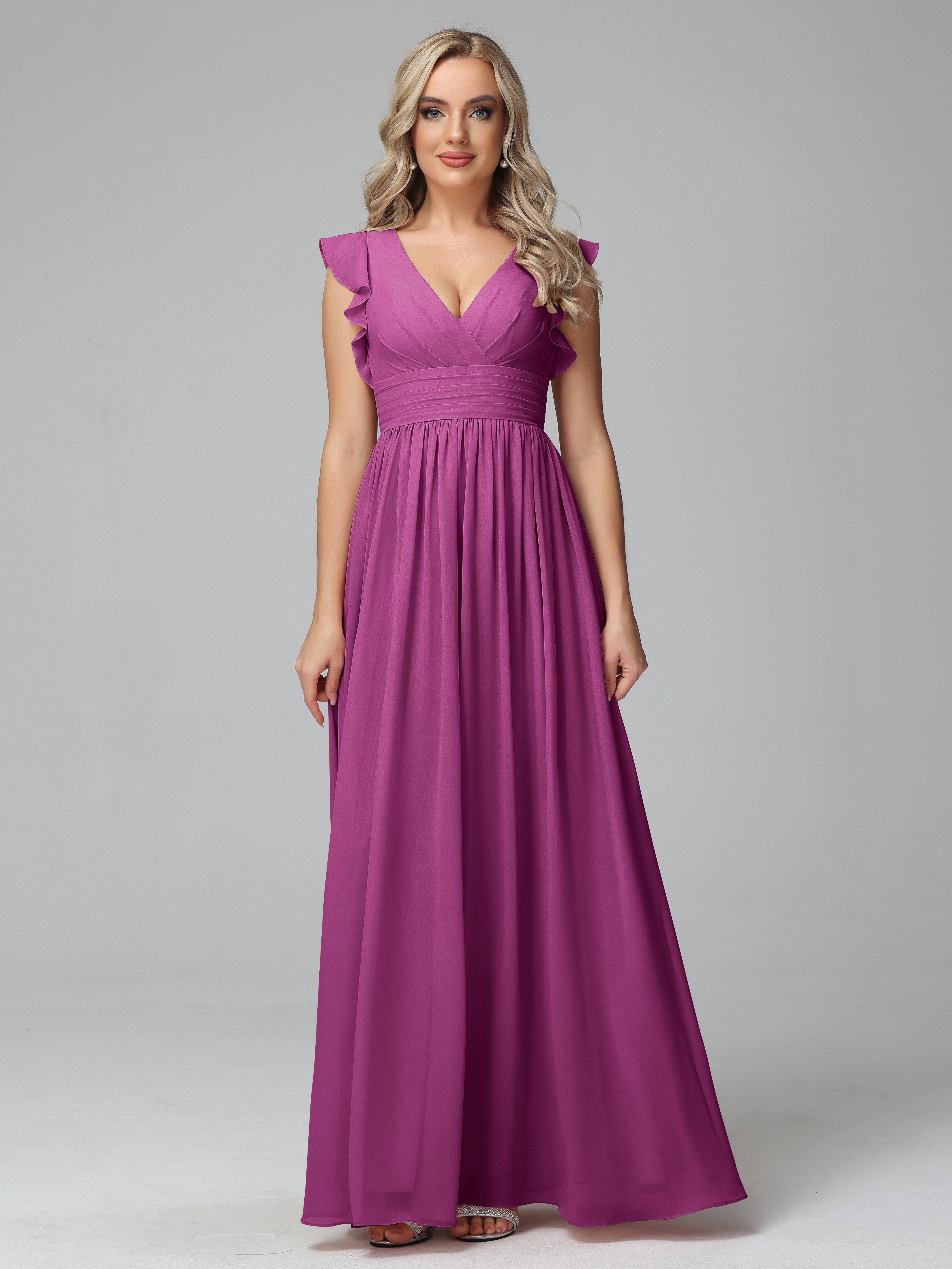 Bonnie V-Neck Chiffon Bridesmaid Dresses With Ruffle Sleeves