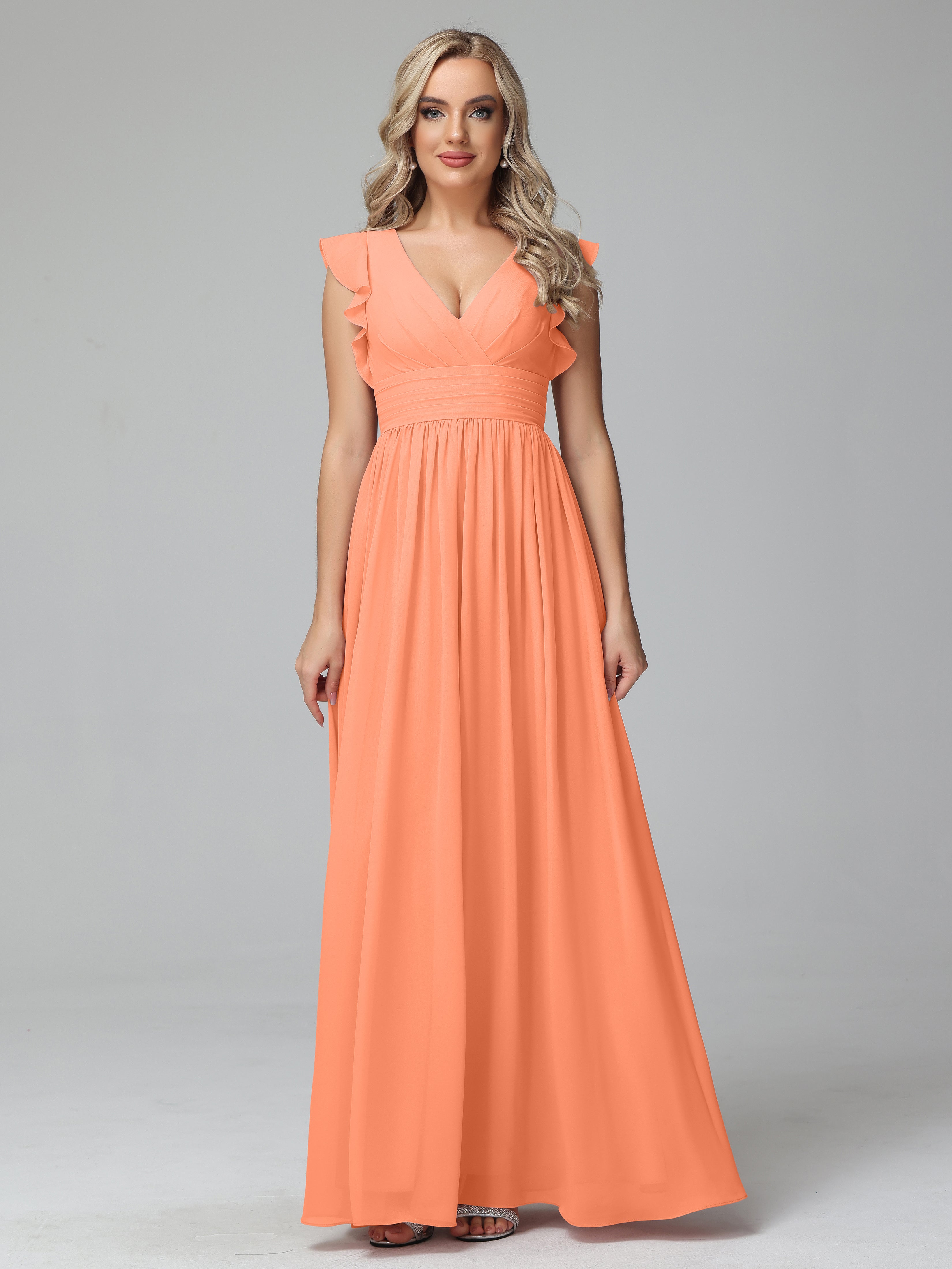 Bonnie V-Neck Chiffon Bridesmaid Dresses With Ruffle Sleeves