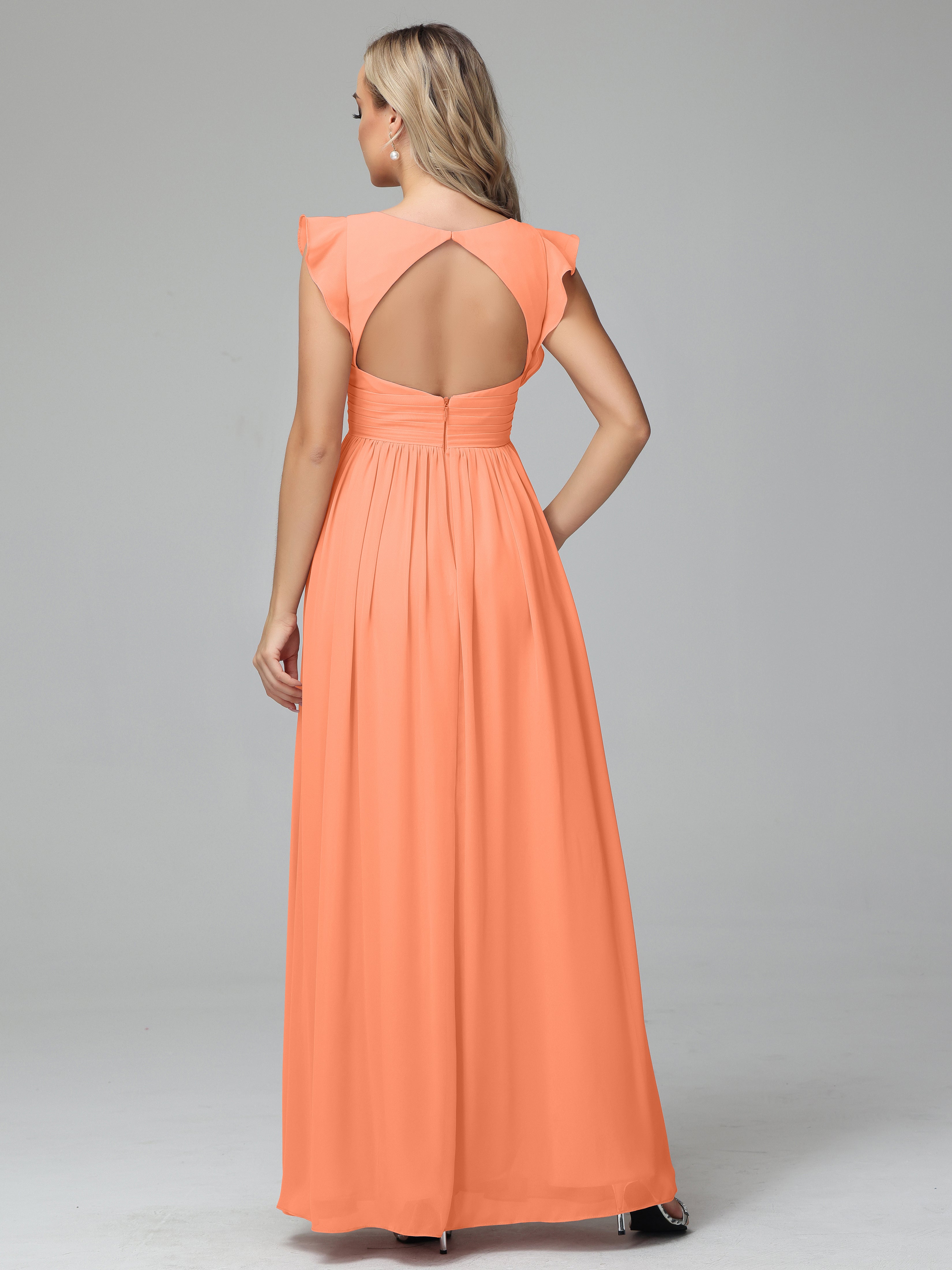 Bonnie V-Neck Chiffon Bridesmaid Dresses With Ruffle Sleeves