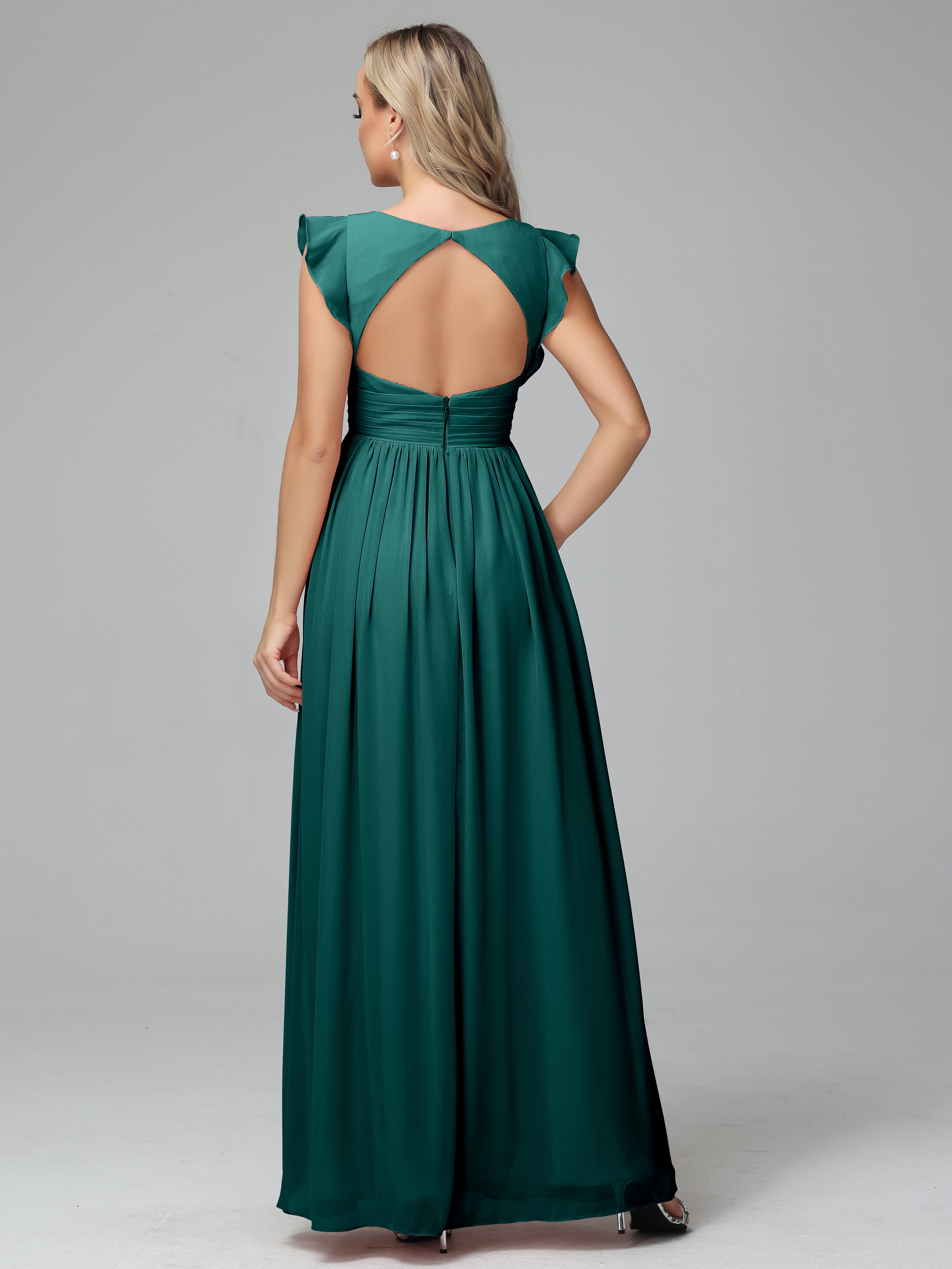 Bonnie V-Neck Chiffon Bridesmaid Dresses With Ruffle Sleeves