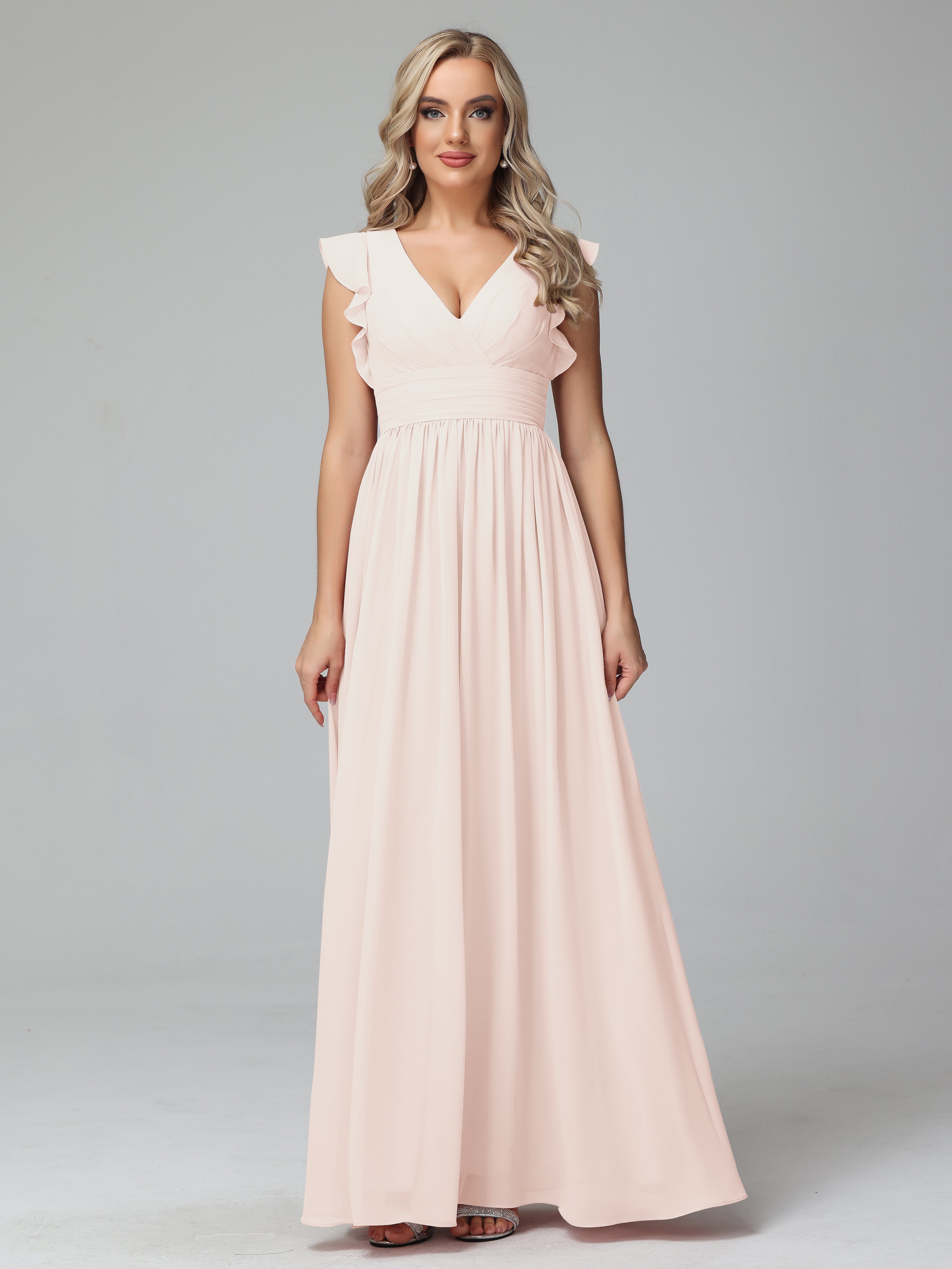 Bonnie V-Neck Chiffon Bridesmaid Dresses With Ruffle Sleeves