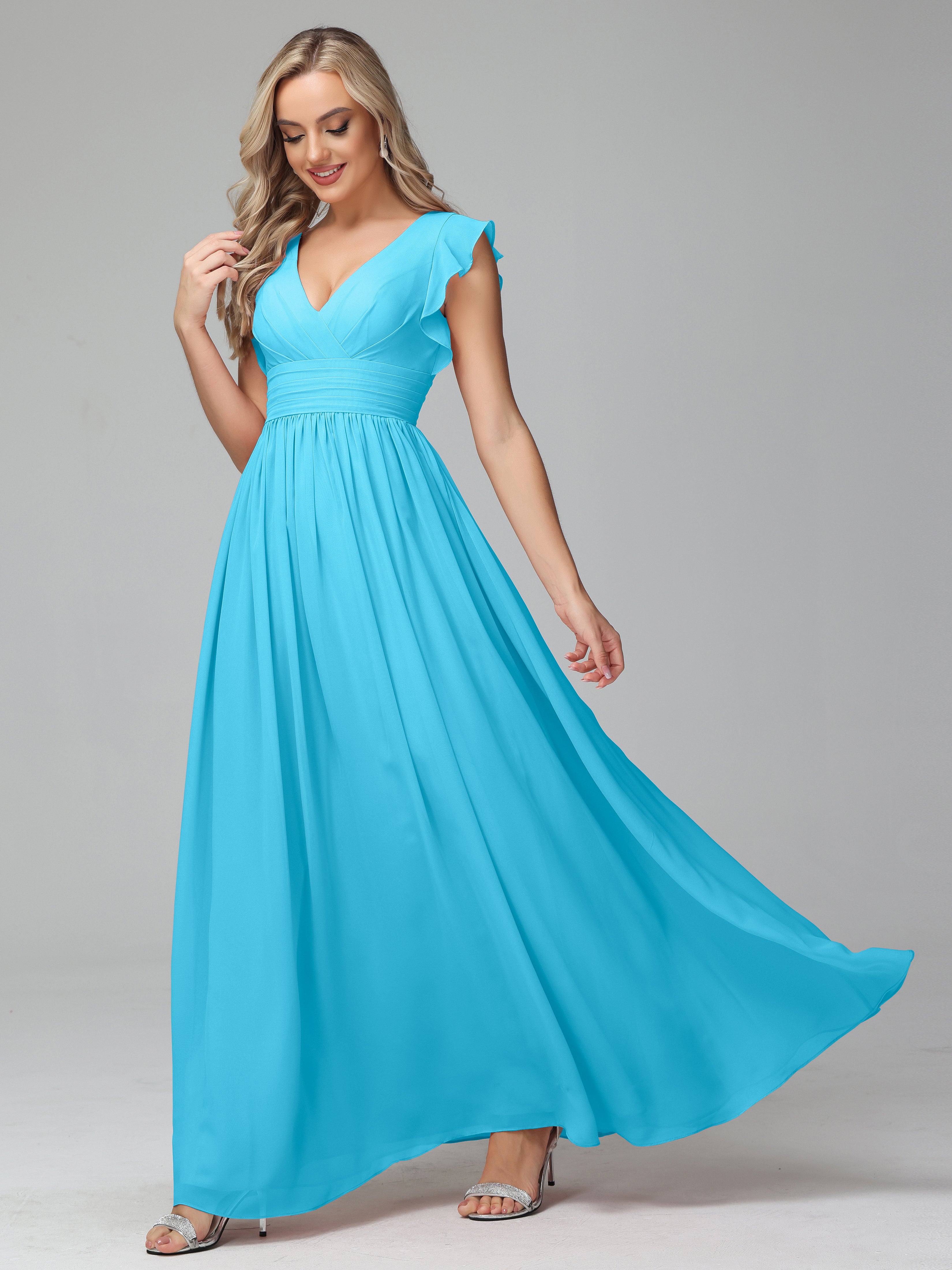 Bonnie V Neck Chiffon Bridesmaid Dresses With Ruffle Sleeves