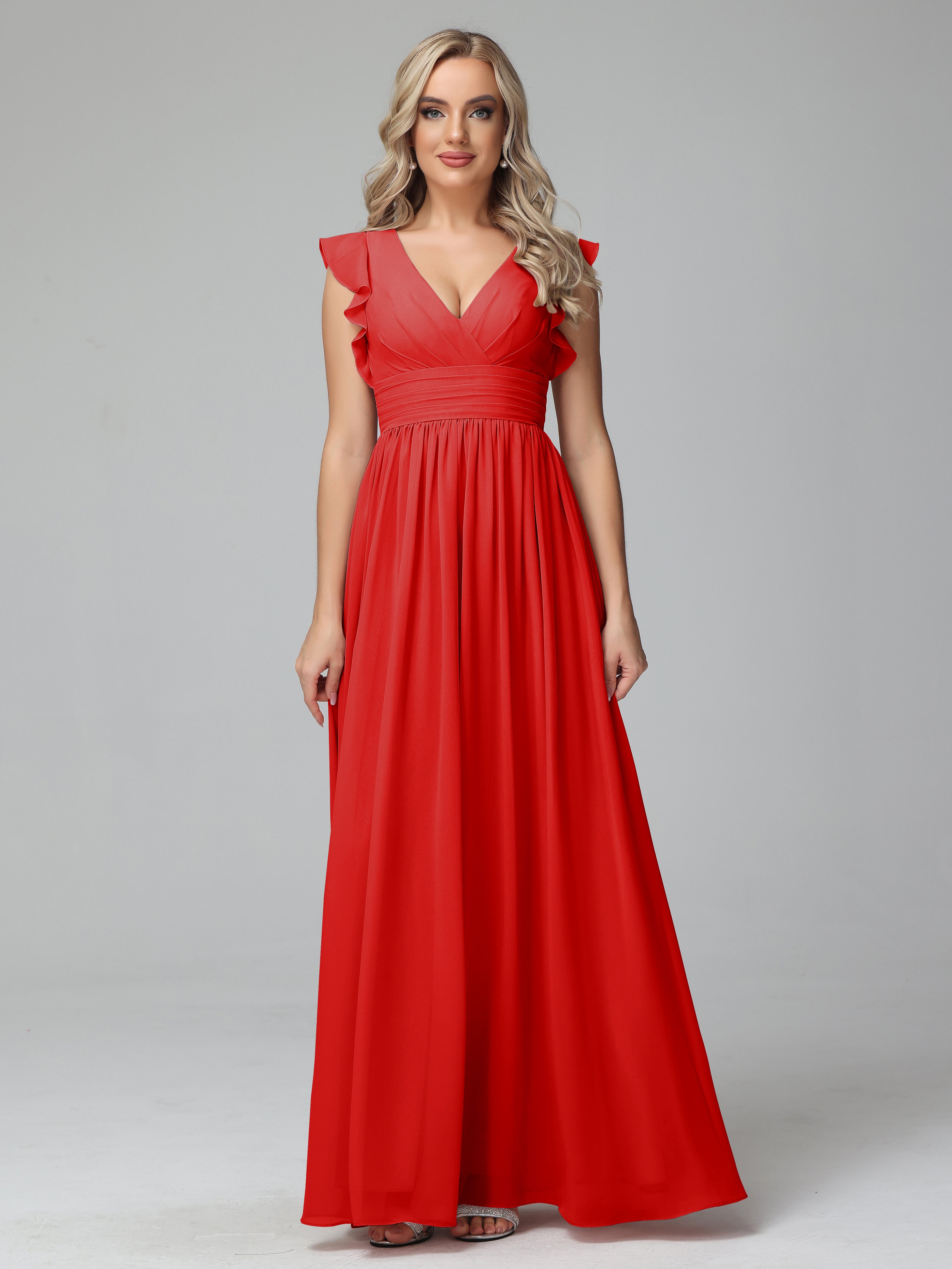 Bonnie V-Neck Chiffon Mother of the Bride Dress With Ruffle Sleeves