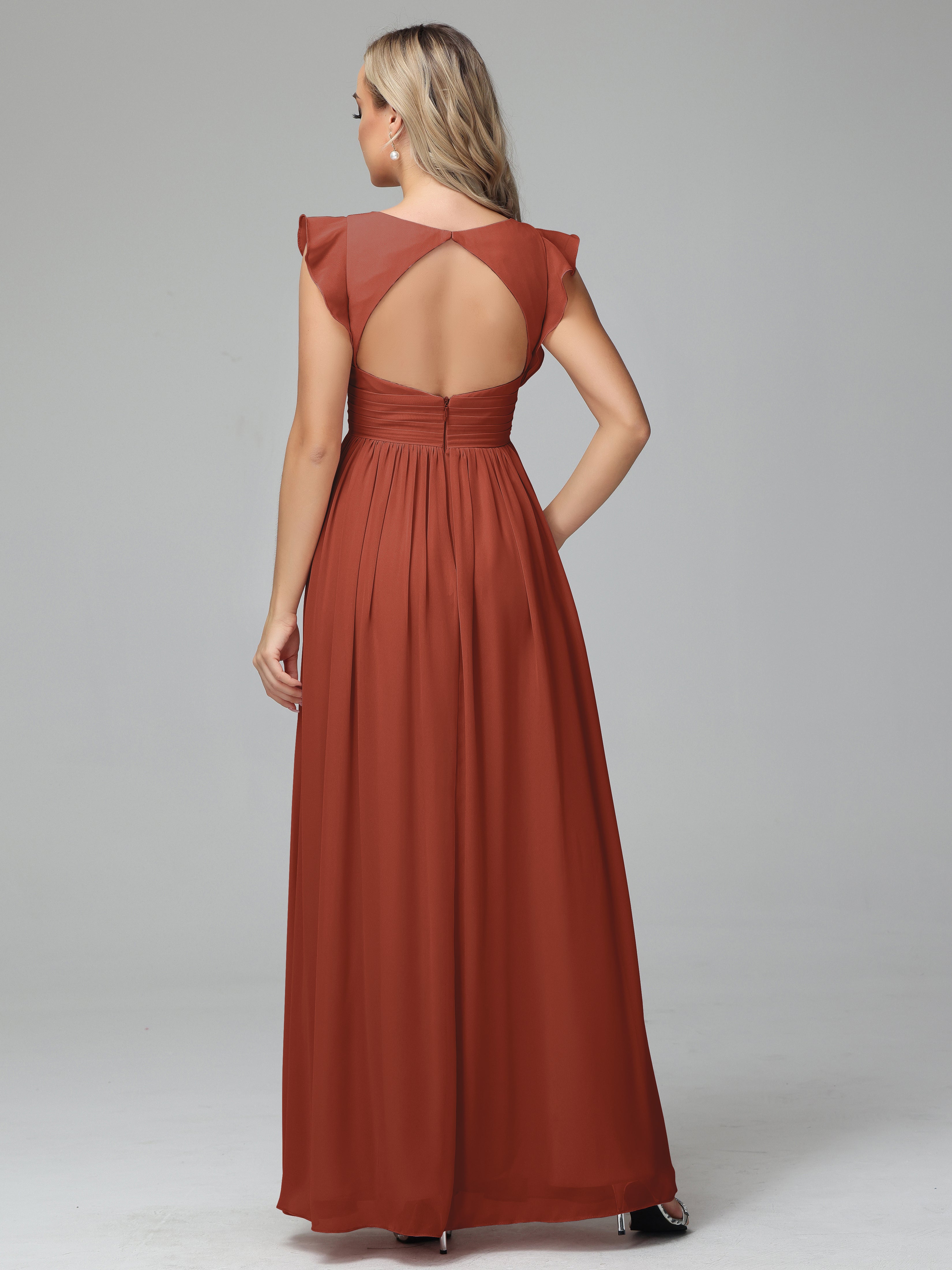 Bonnie V-Neck Chiffon Bridesmaid Dresses With Ruffle Sleeves