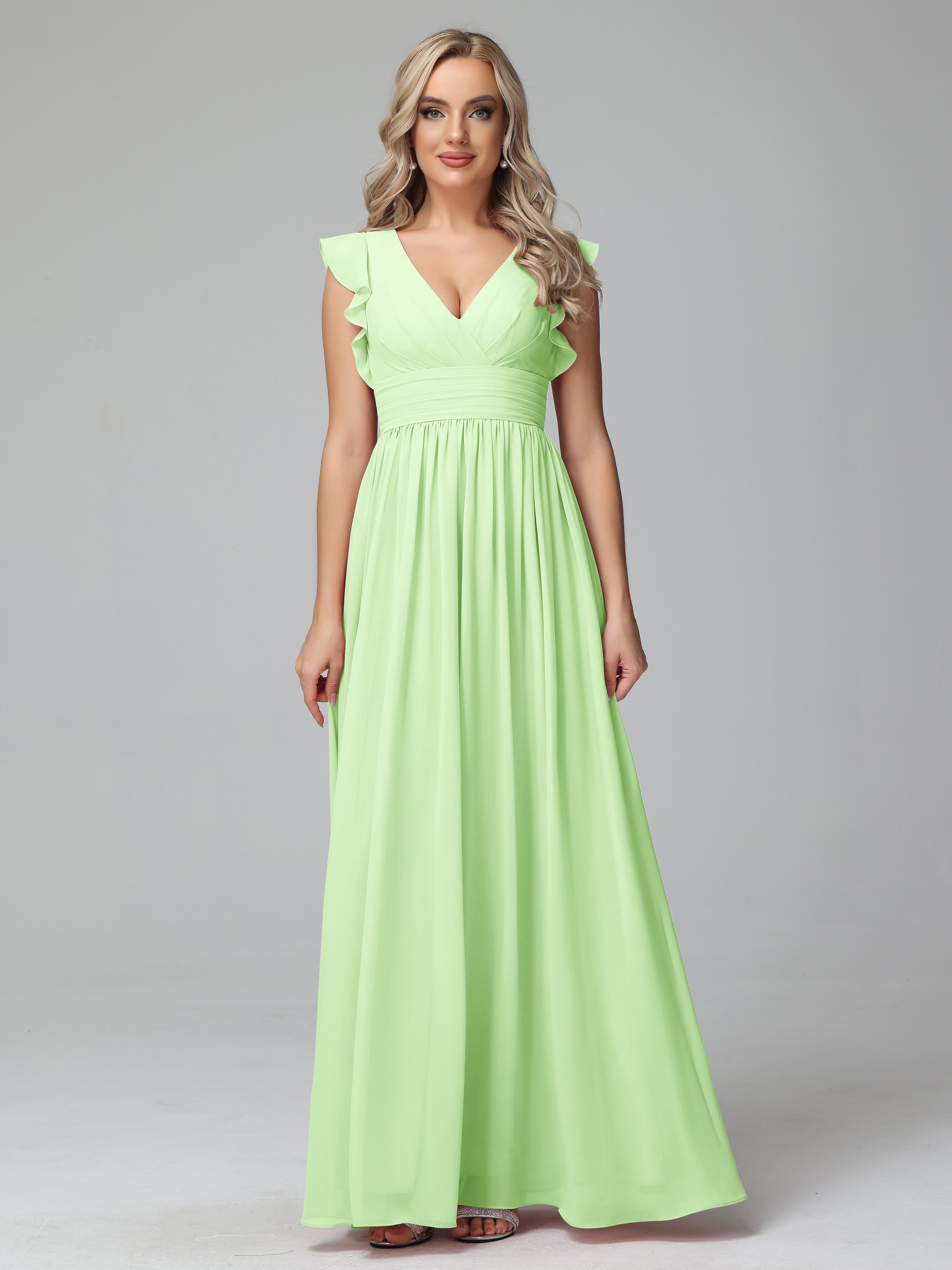 Bonnie V-Neck Chiffon Bridesmaid Dresses With Ruffle Sleeves