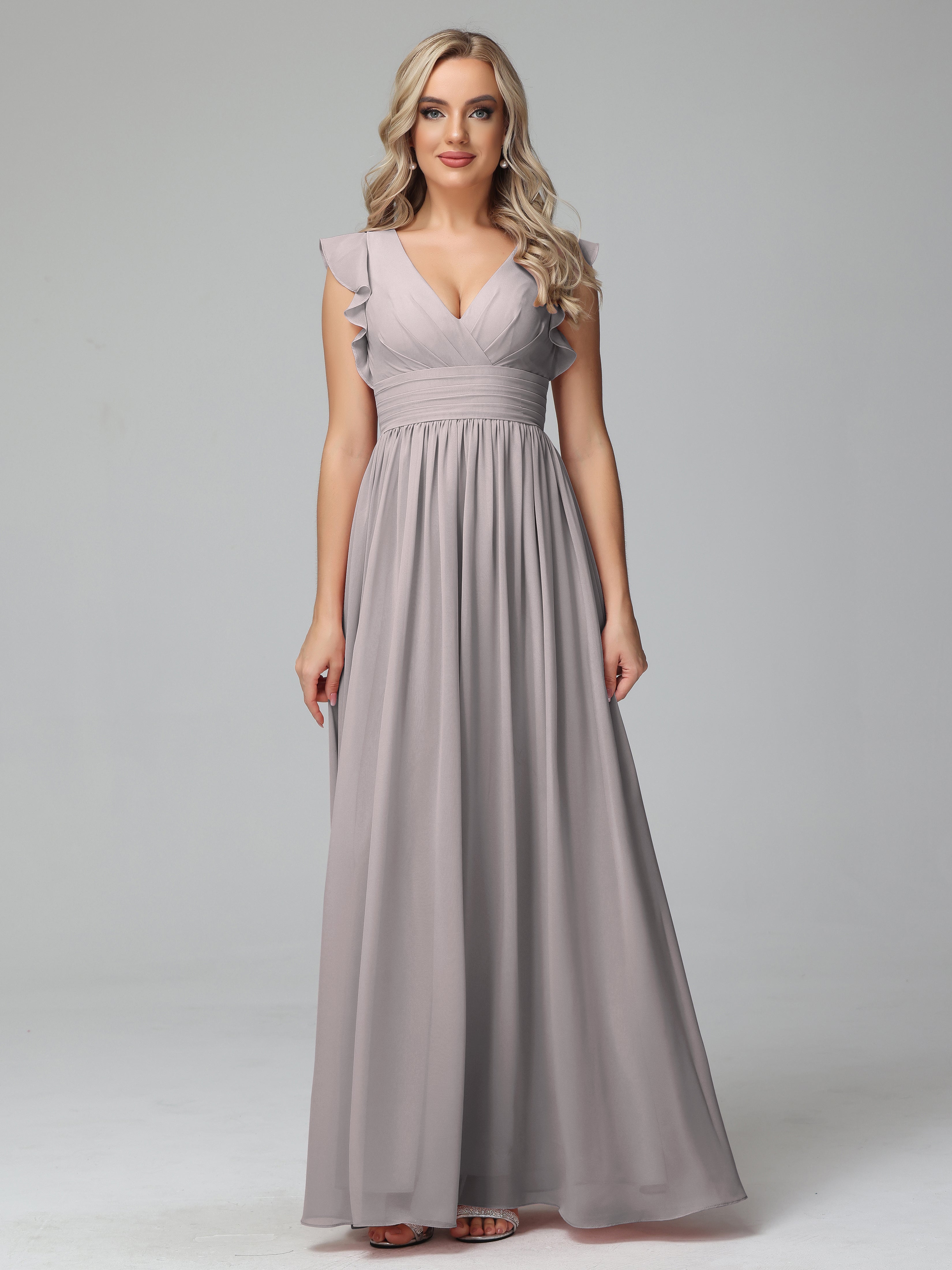 Bonnie V-Neck Chiffon Bridesmaid Dresses With Ruffle Sleeves