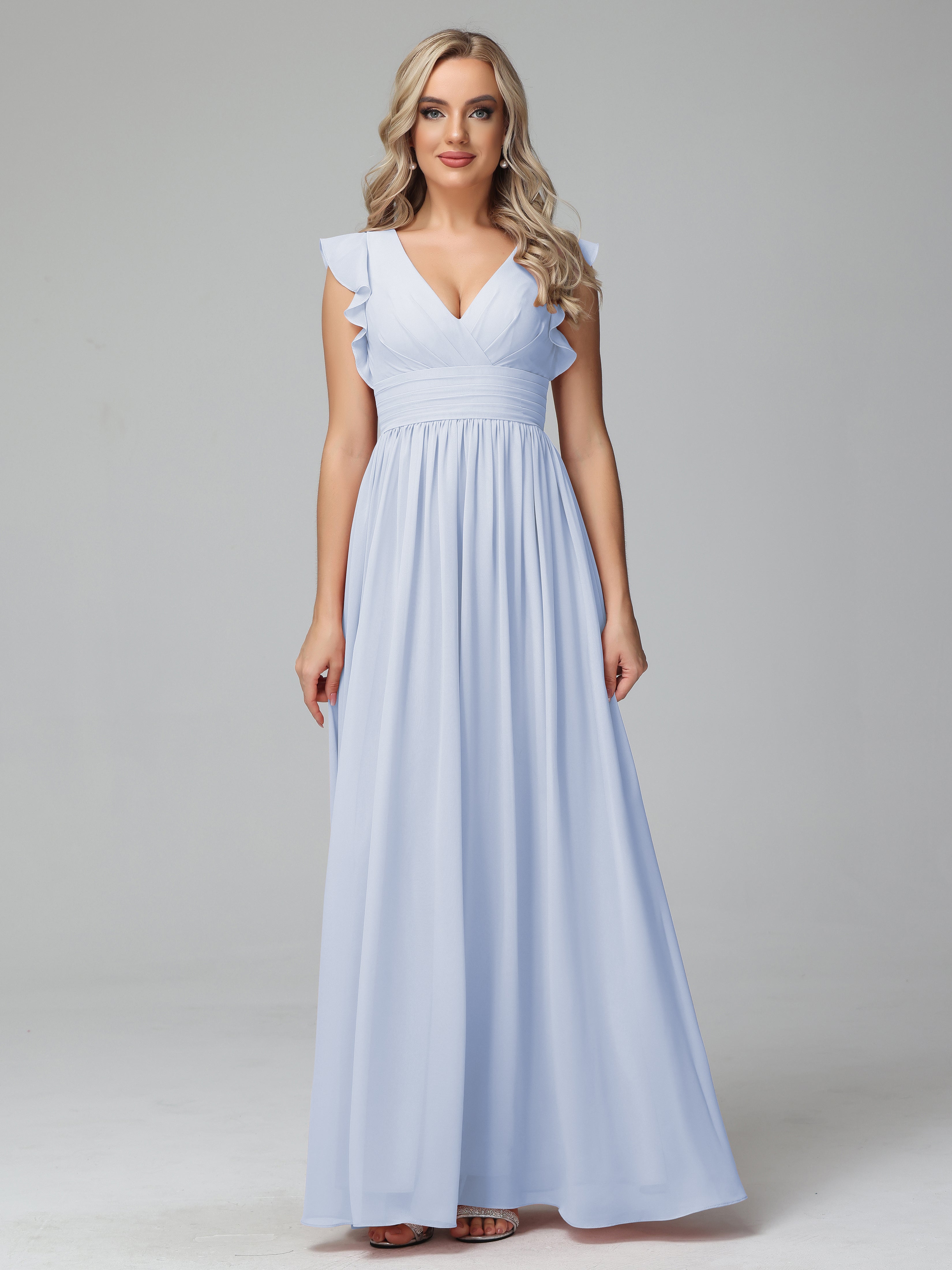 Bonnie V-Neck Chiffon Mother of the Bride Dress With Ruffle Sleeves