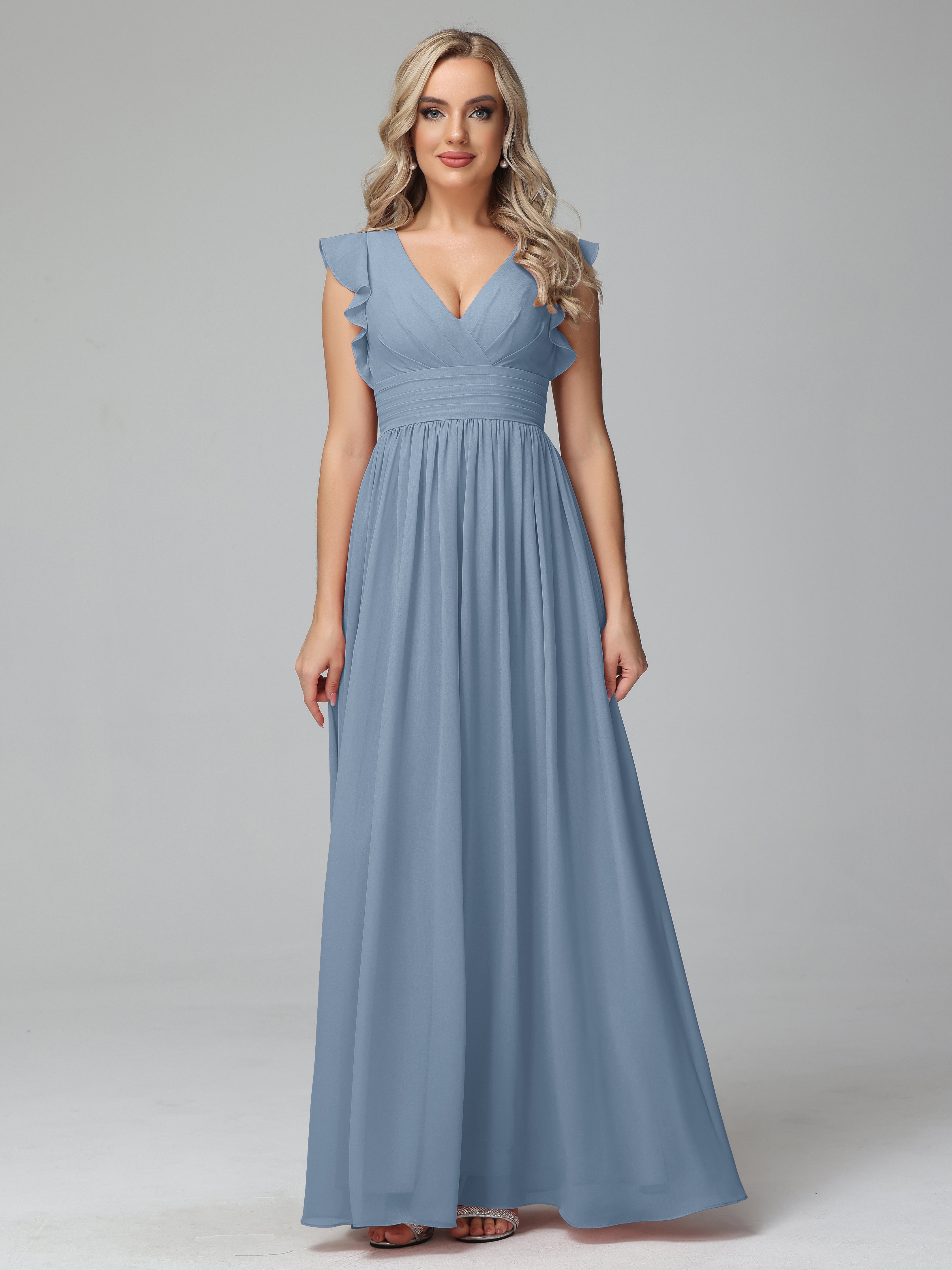 Bonnie V-Neck Chiffon Bridesmaid Dresses With Ruffle Sleeves