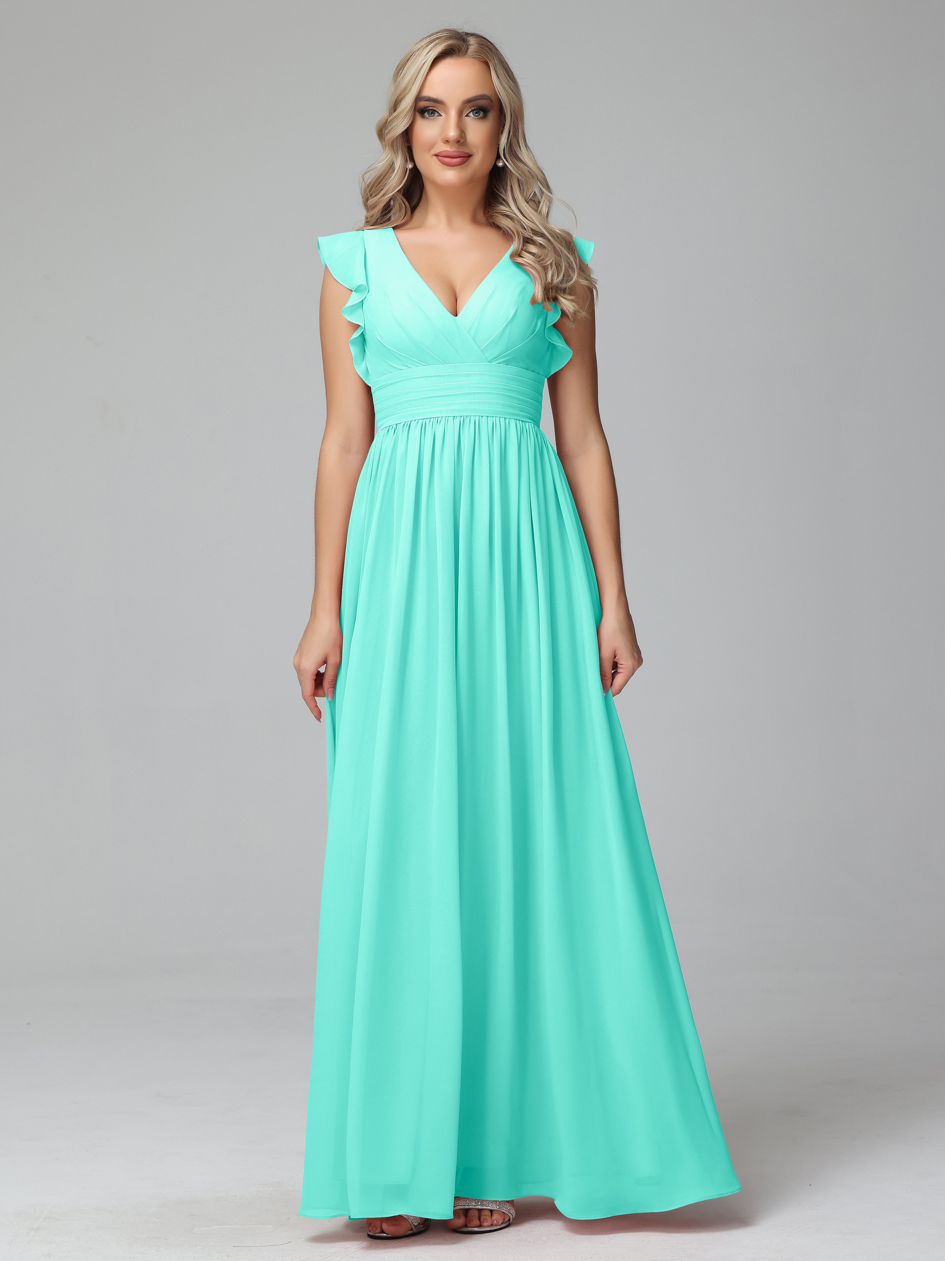 Bonnie V-Neck Chiffon Bridesmaid Dresses With Ruffle Sleeves