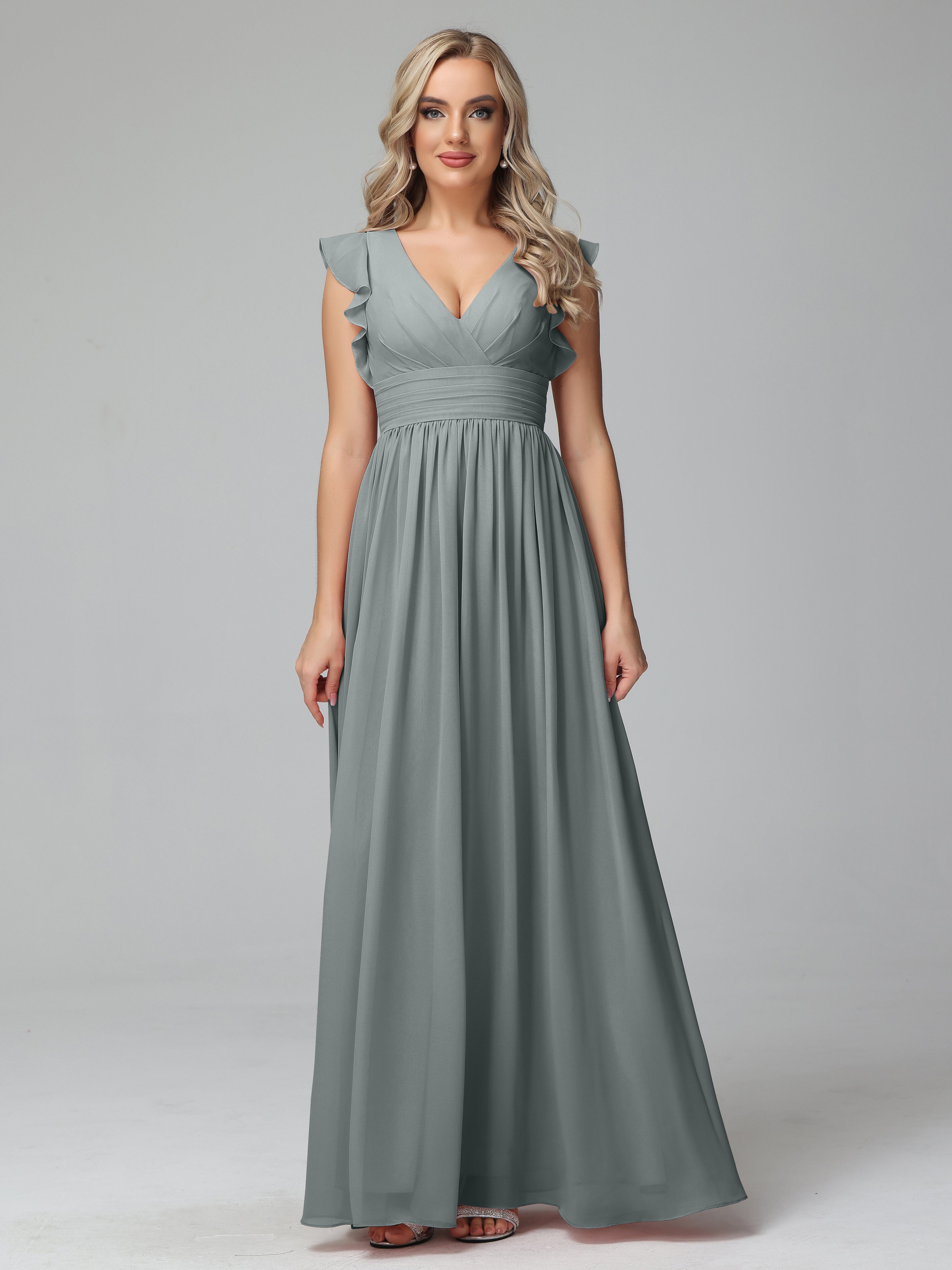 Bonnie V-Neck Chiffon Bridesmaid Dresses With Ruffle Sleeves