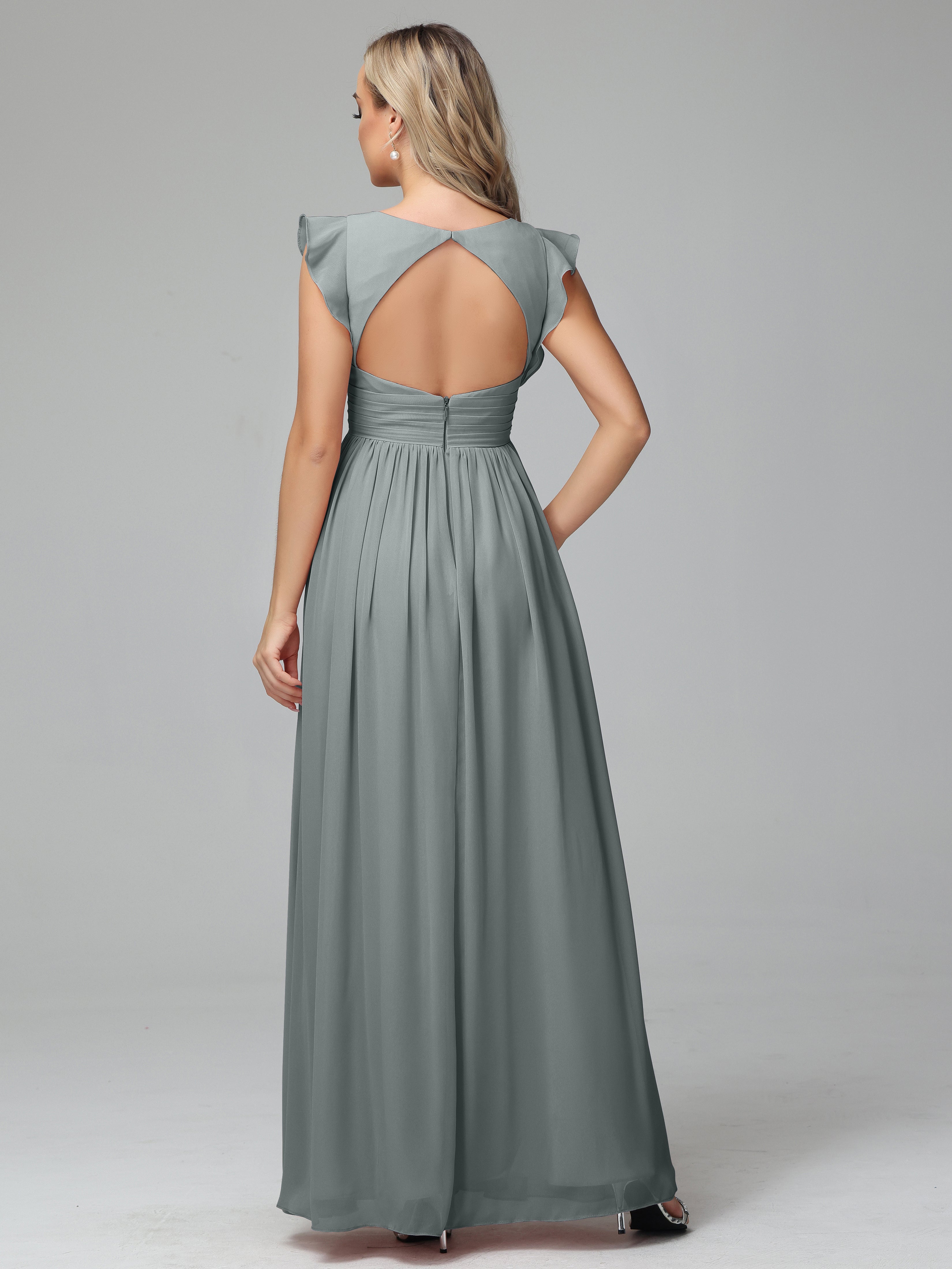 Bonnie V-Neck Chiffon Bridesmaid Dresses With Ruffle Sleeves