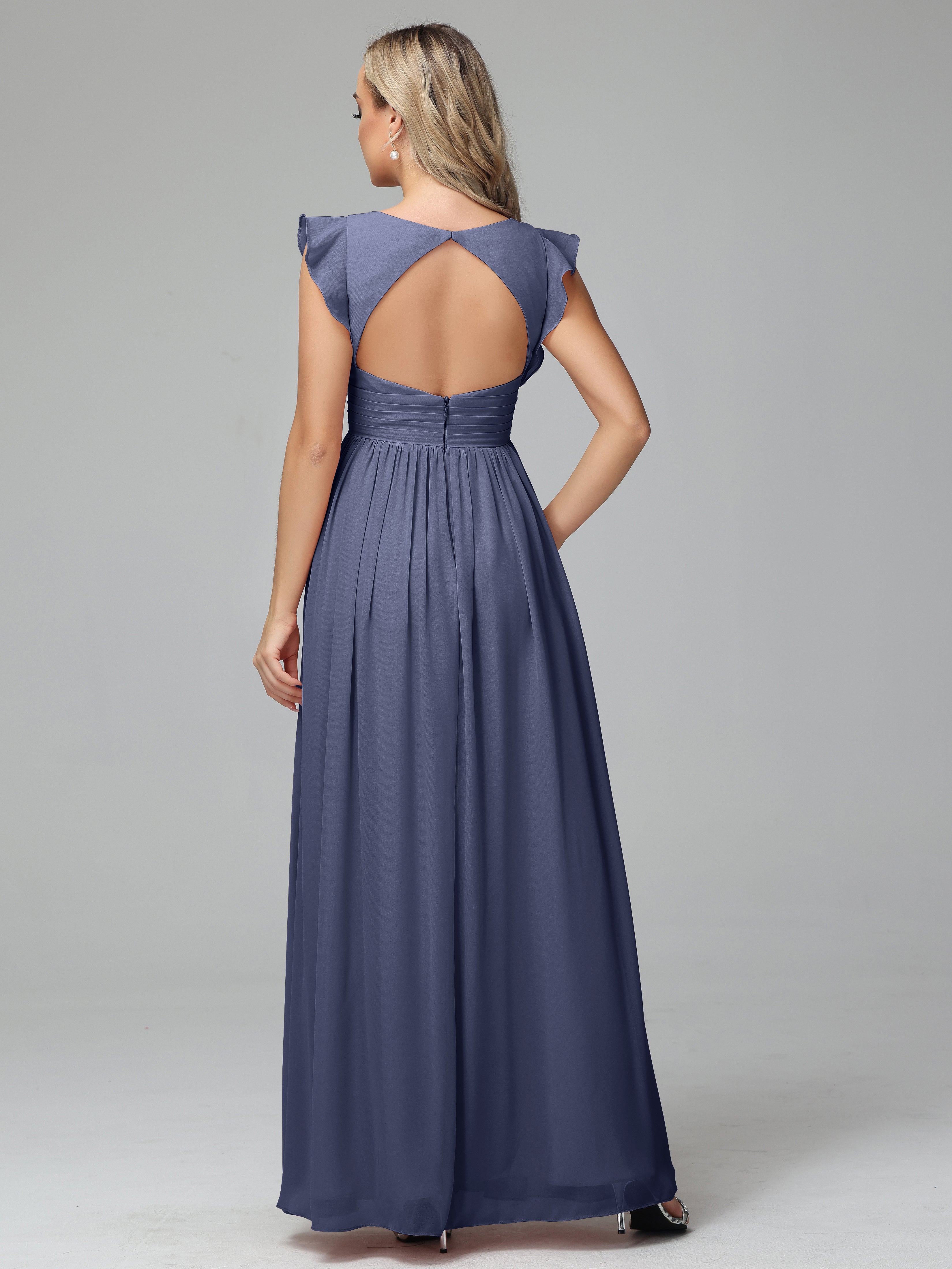 Bonnie V-Neck Chiffon Bridesmaid Dresses With Ruffle Sleeves