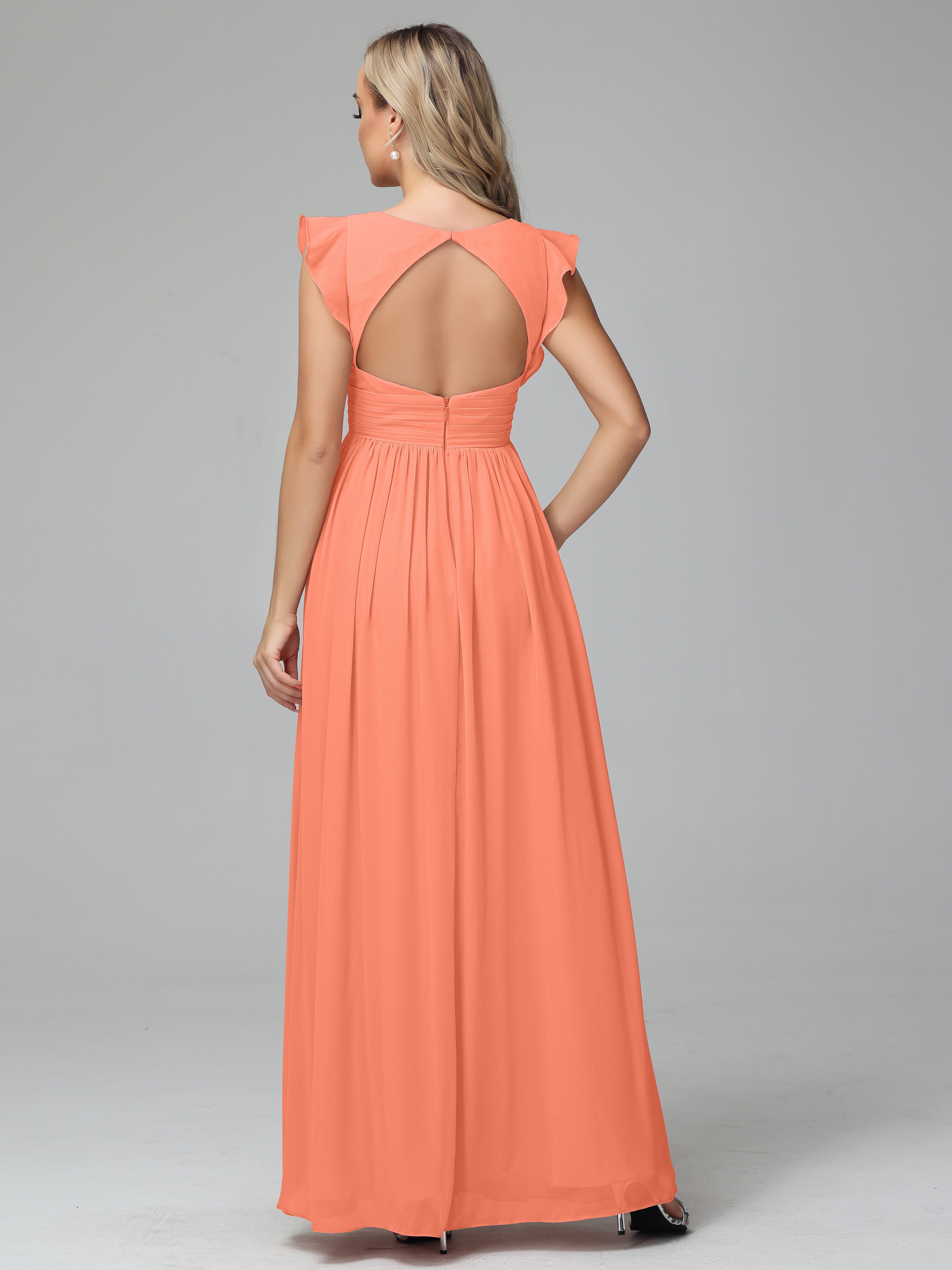 Bonnie V-Neck Chiffon Bridesmaid Dresses With Ruffle Sleeves