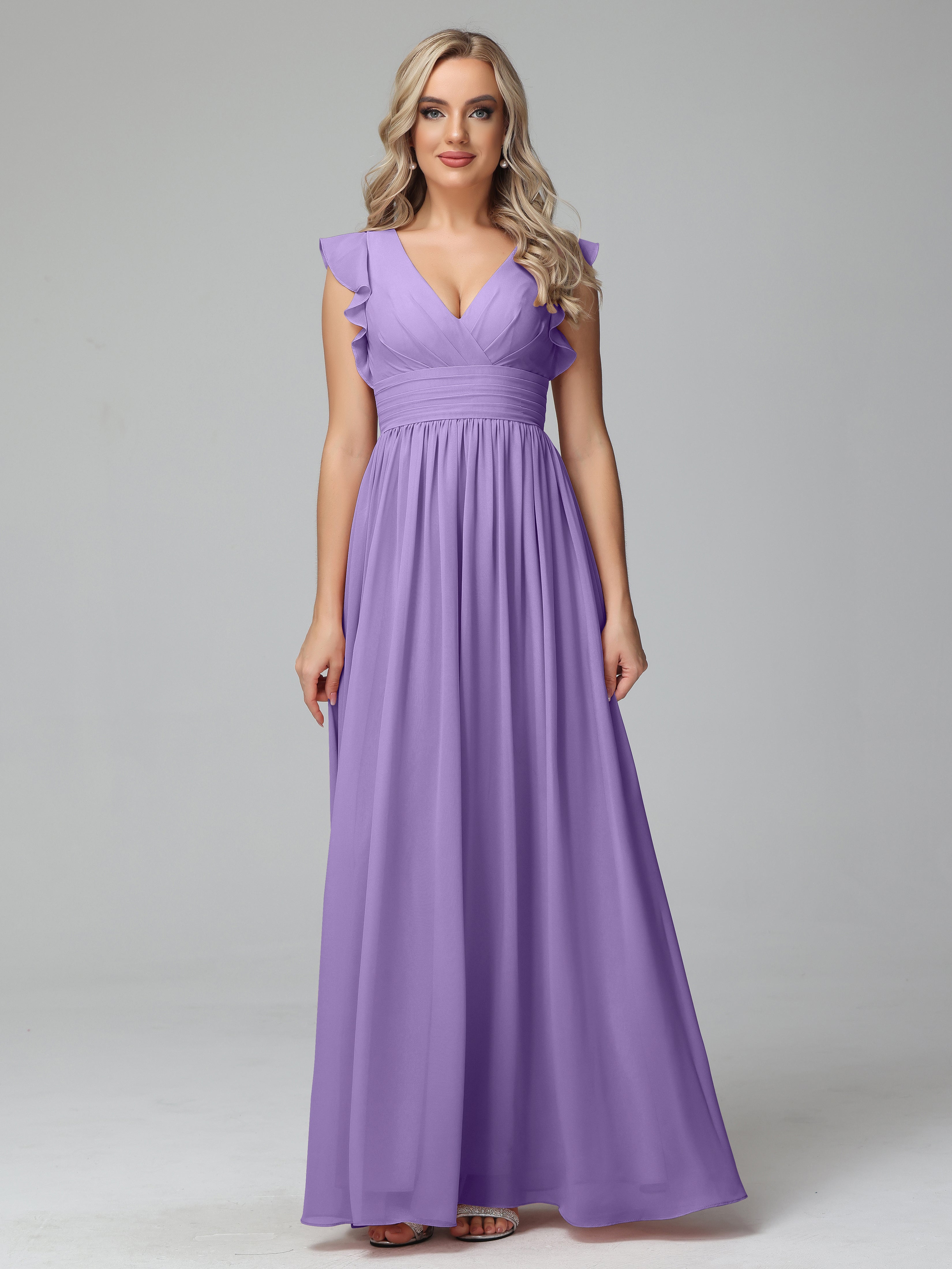 Bonnie V-Neck Chiffon Bridesmaid Dresses With Ruffle Sleeves