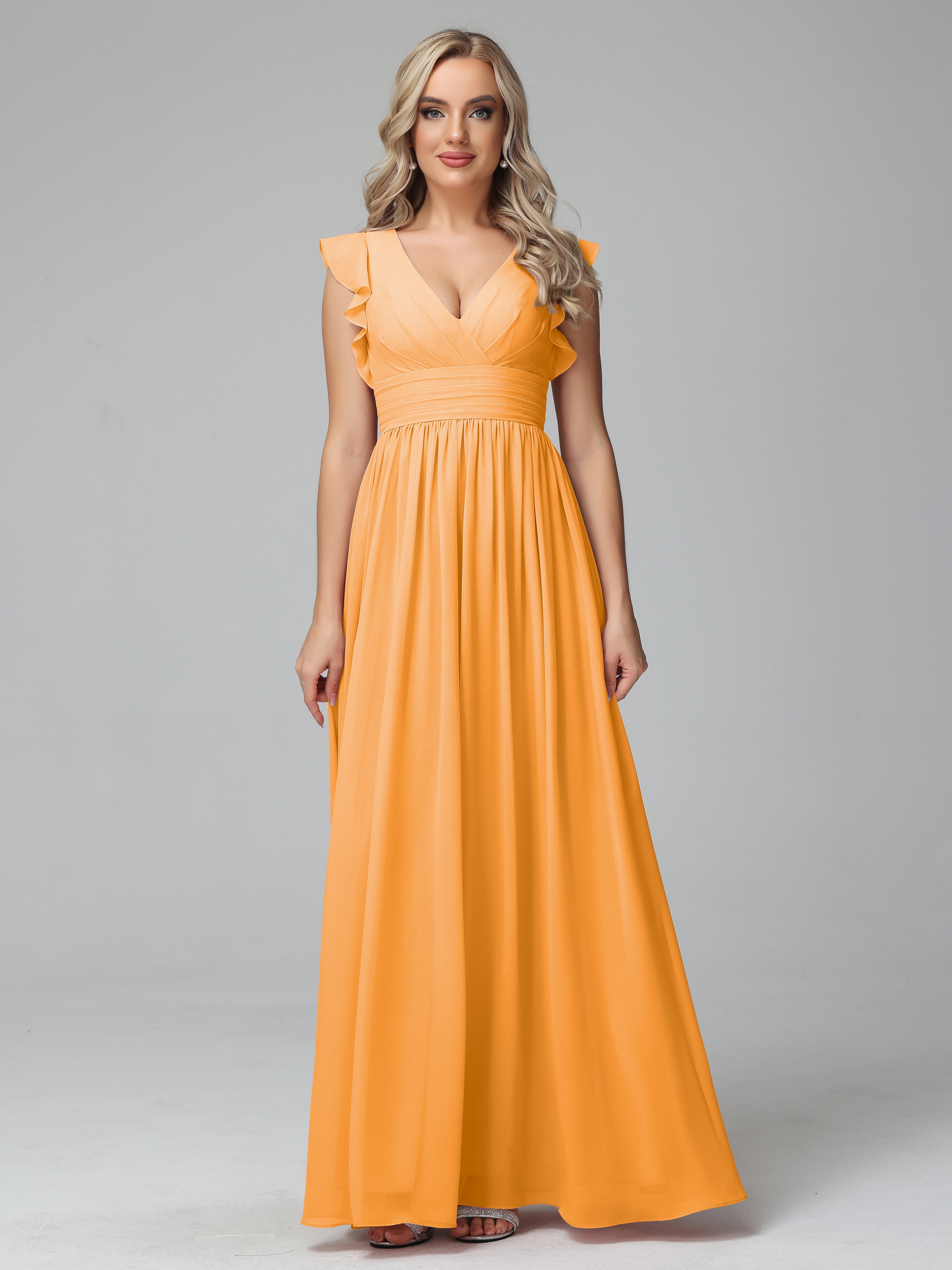 Bonnie V-Neck Chiffon Bridesmaid Dresses With Ruffle Sleeves