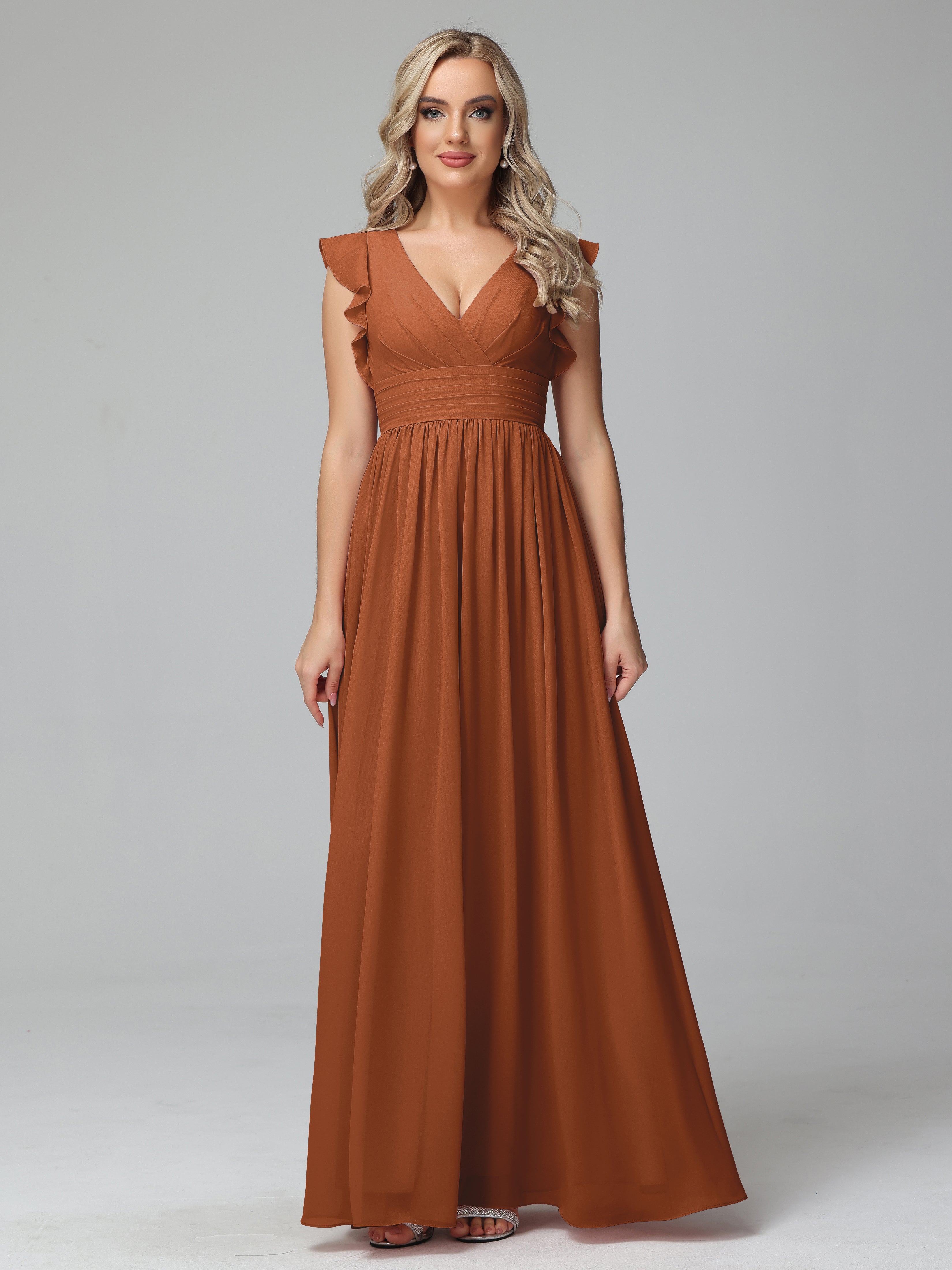 Bonnie V-Neck Chiffon Bridesmaid Dresses With Ruffle Sleeves