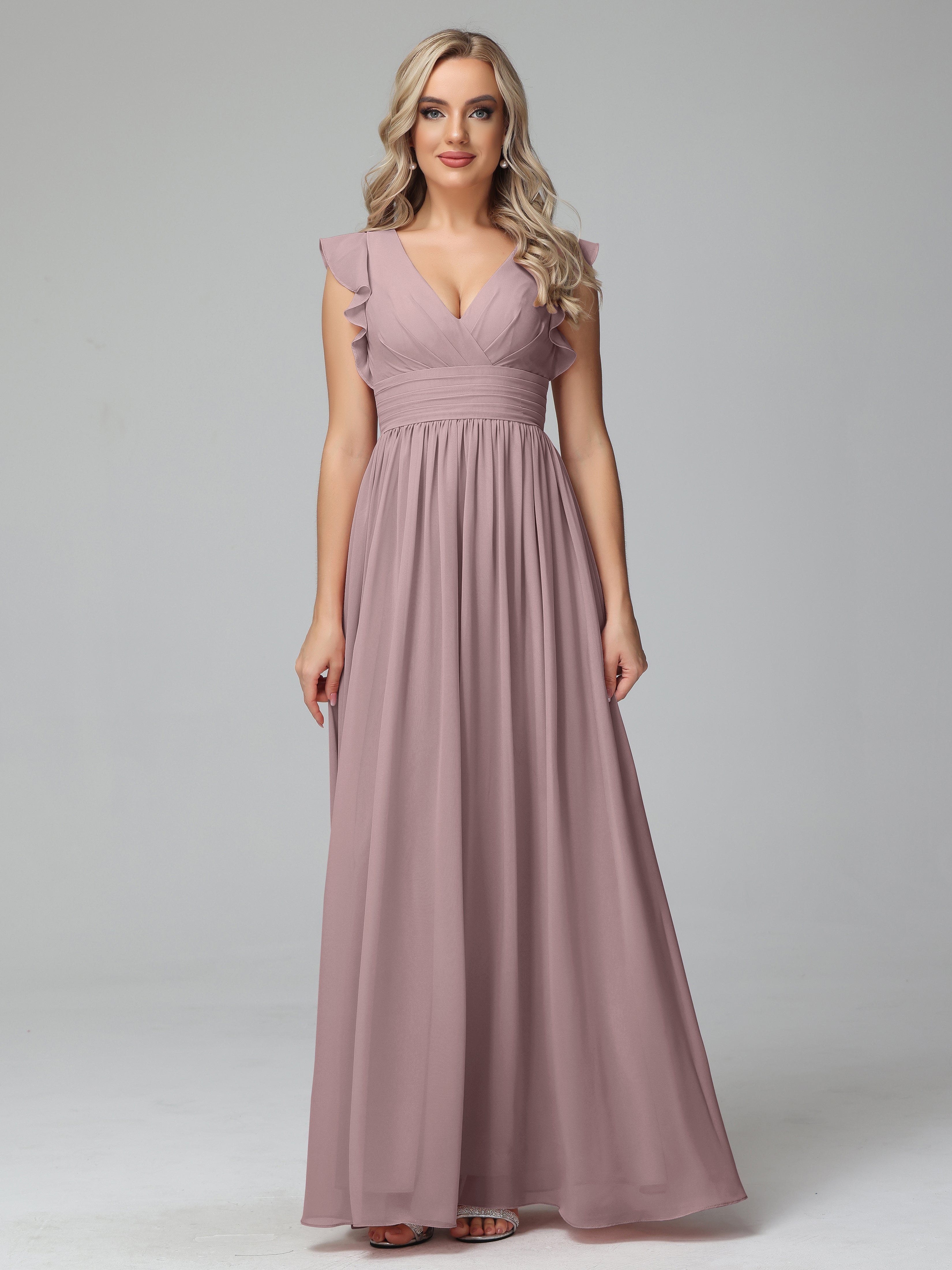 Bonnie V-Neck Chiffon Mother of the Bride Dress With Ruffle Sleeves