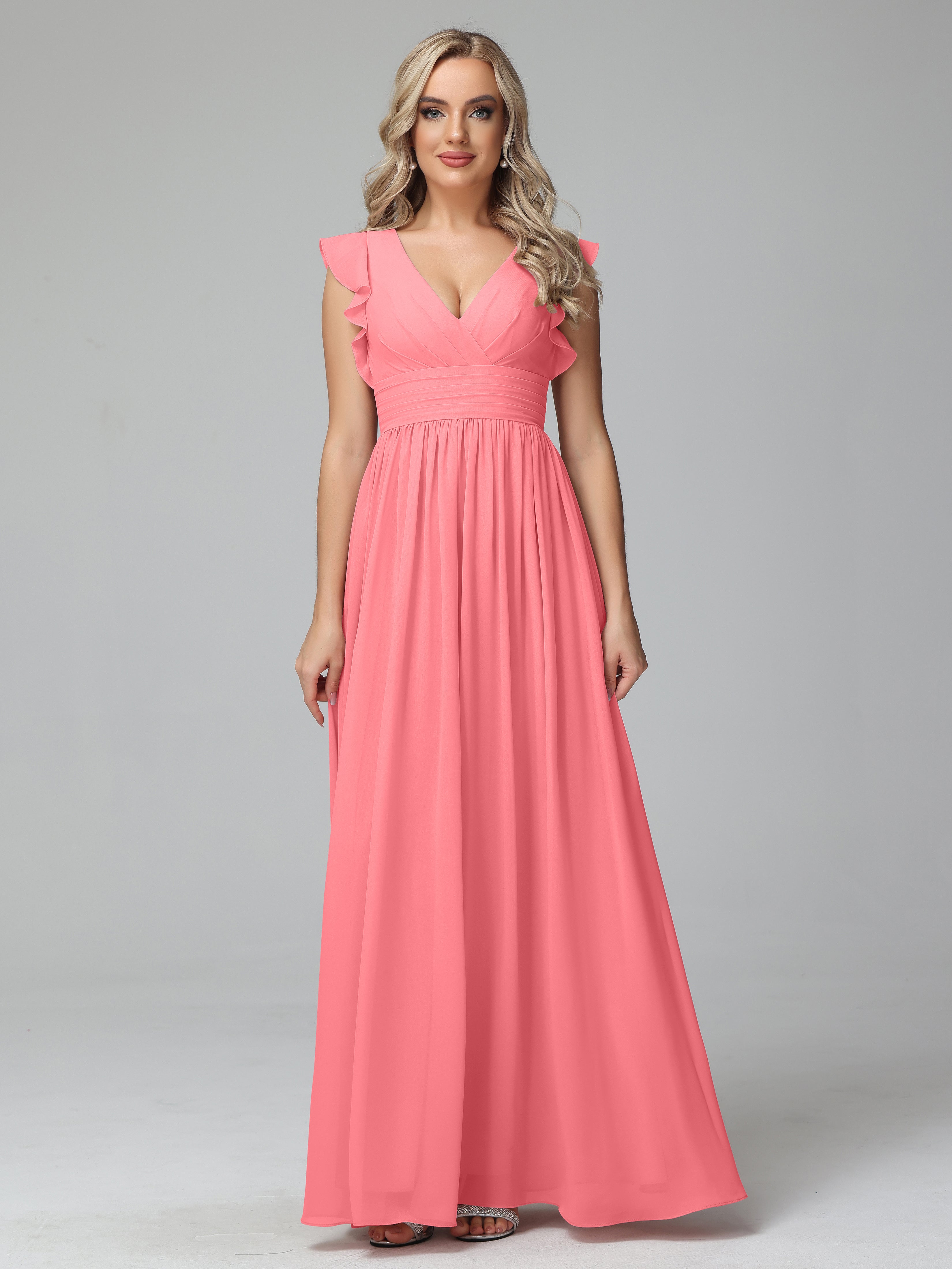 Bonnie V-Neck Chiffon Bridesmaid Dresses With Ruffle Sleeves