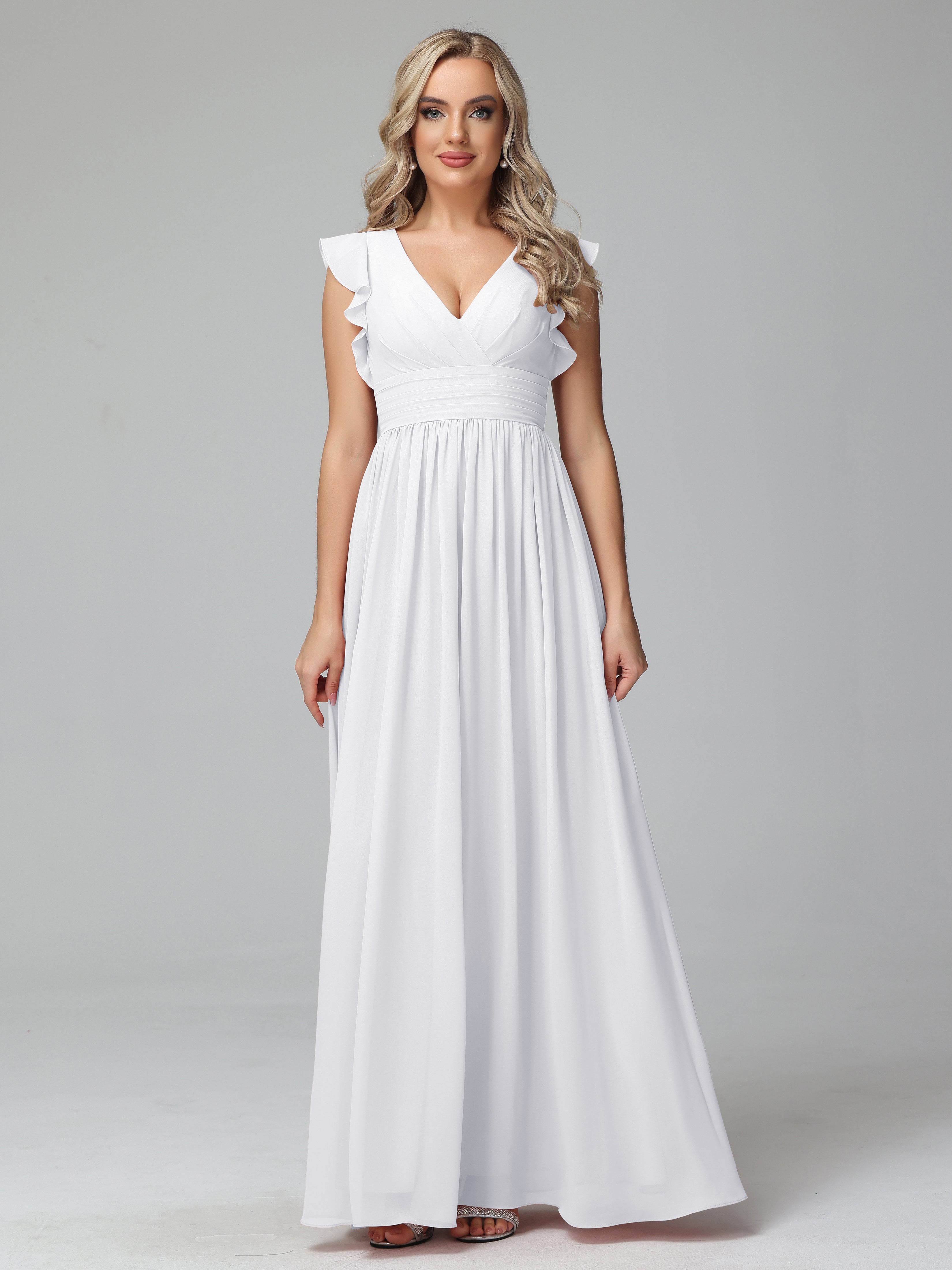 Bonnie V-Neck Chiffon Bridesmaid Dresses With Ruffle Sleeves