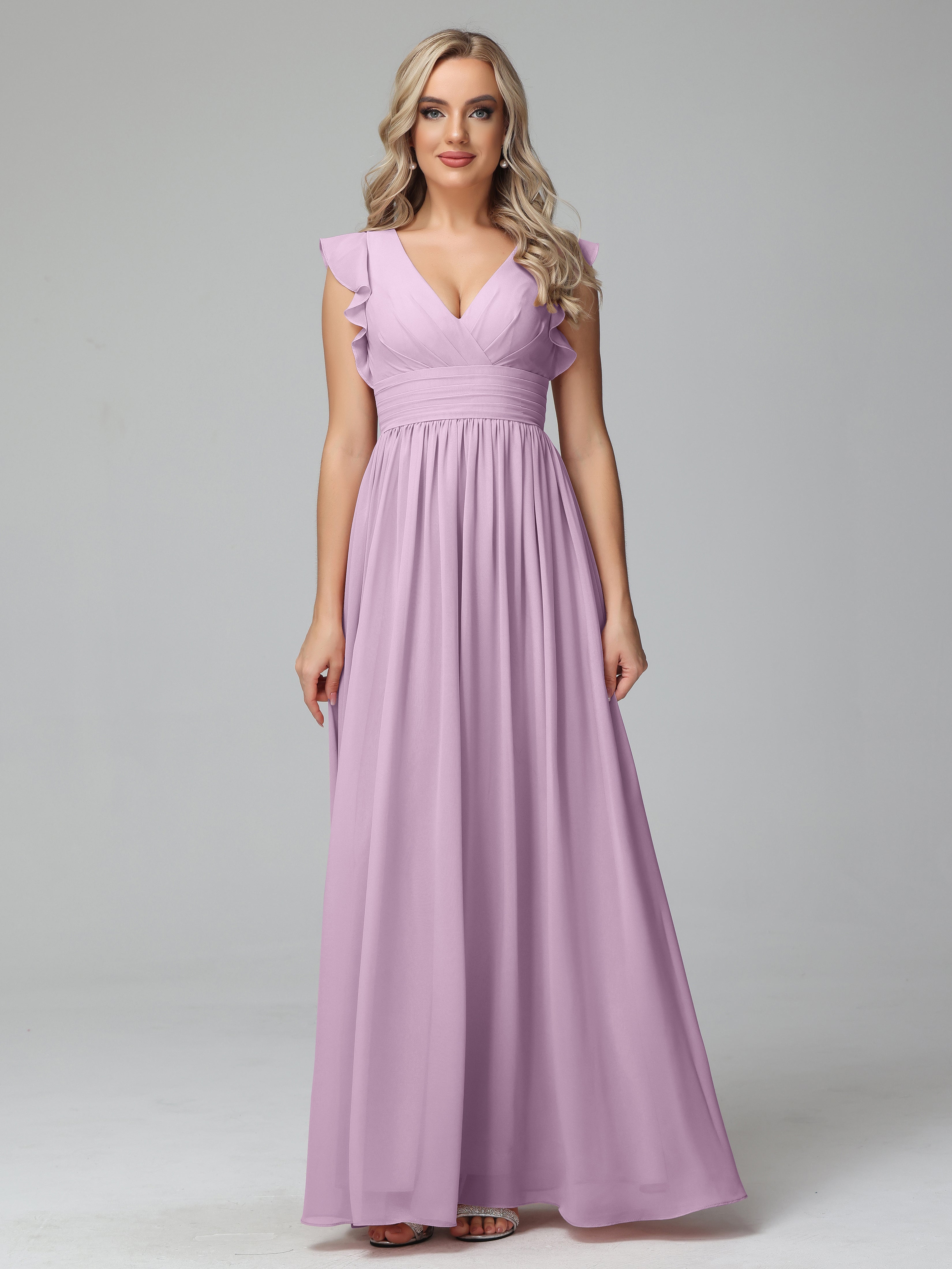 Bonnie V-Neck Chiffon Mother of the Bride Dress With Ruffle Sleeves