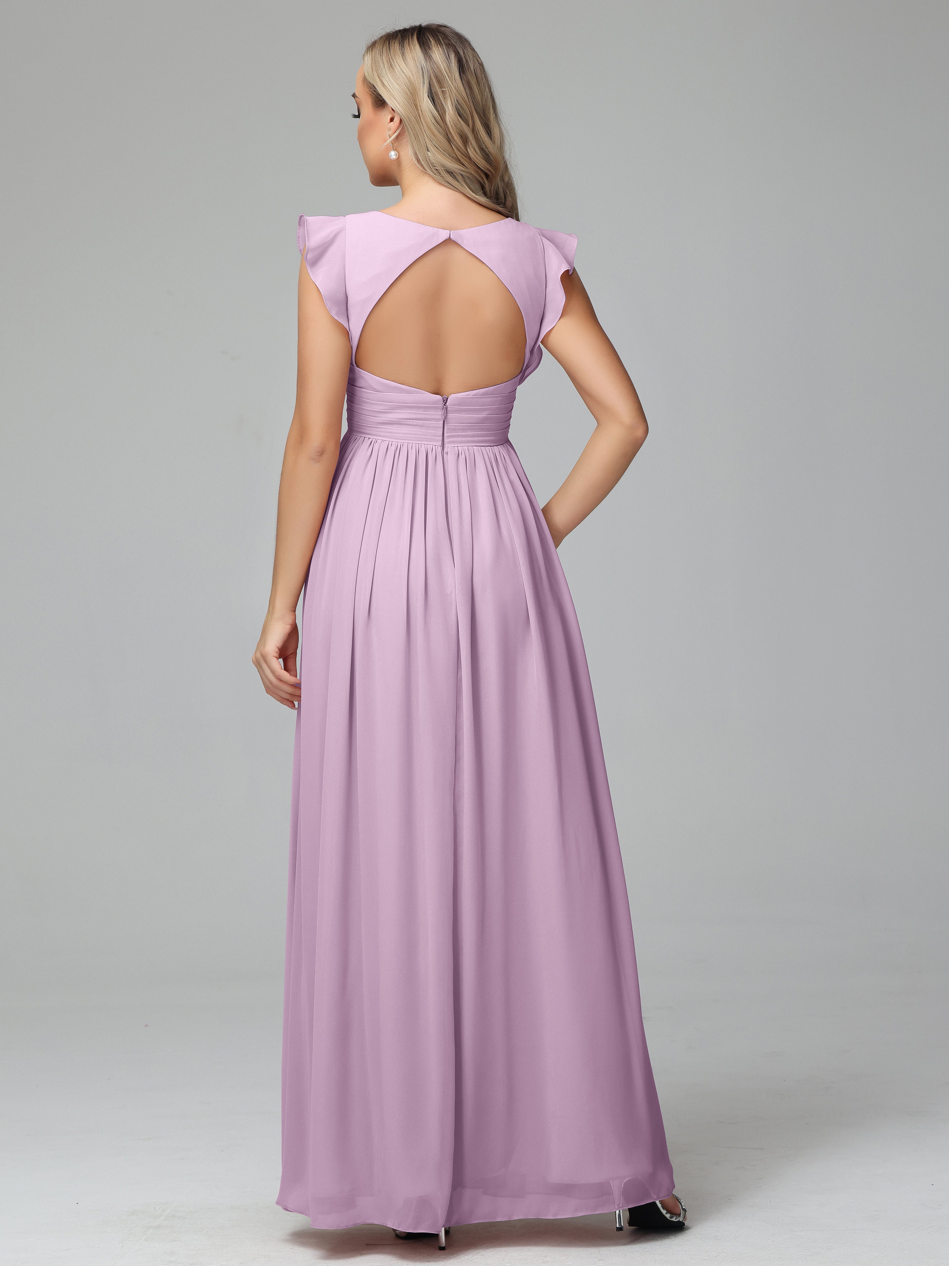 Bonnie V-Neck Chiffon Bridesmaid Dresses With Ruffle Sleeves