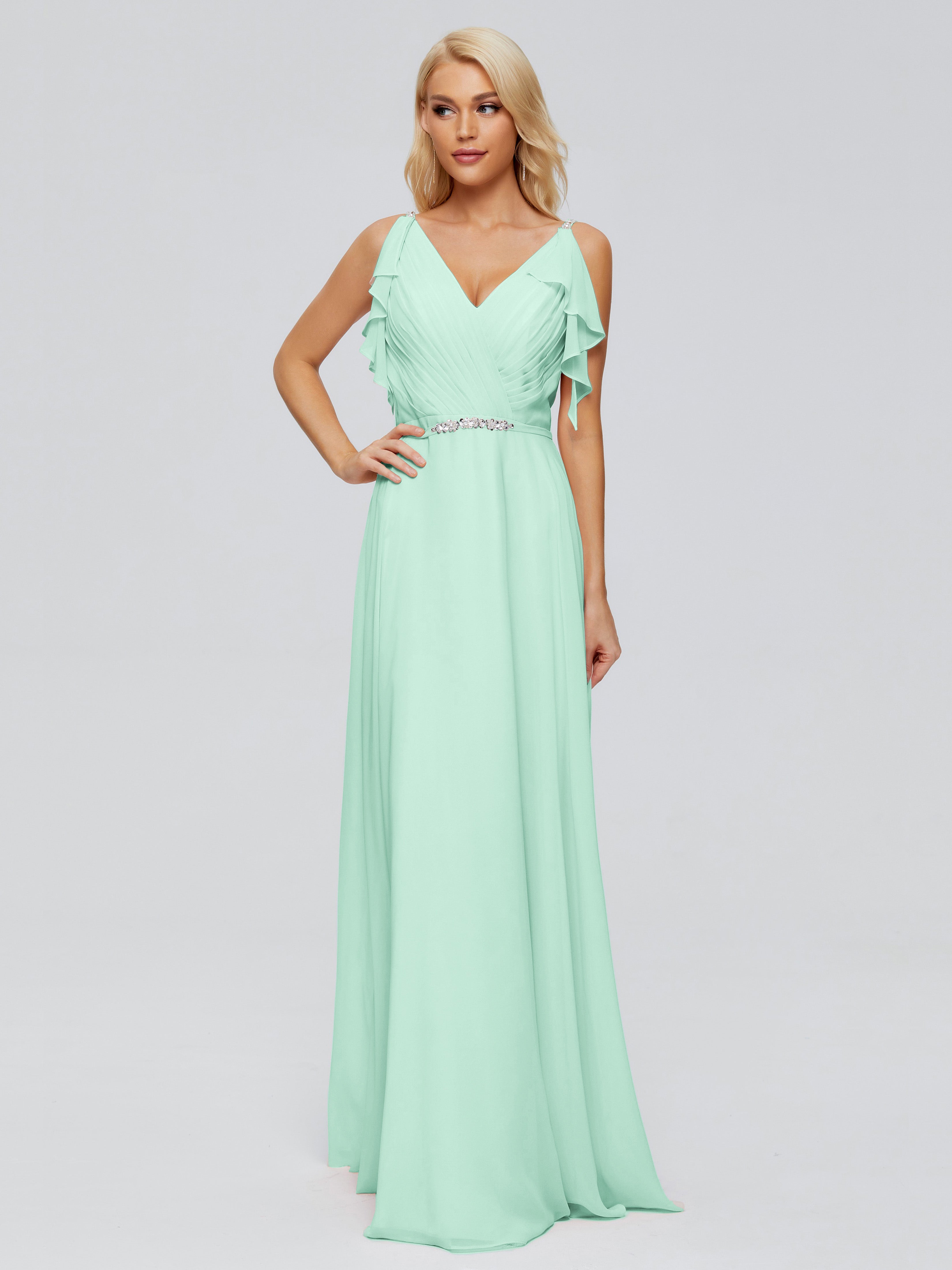 Brianna Ruffles Spaghetti Straps Unique Chiffon Bridesmaid Dresses