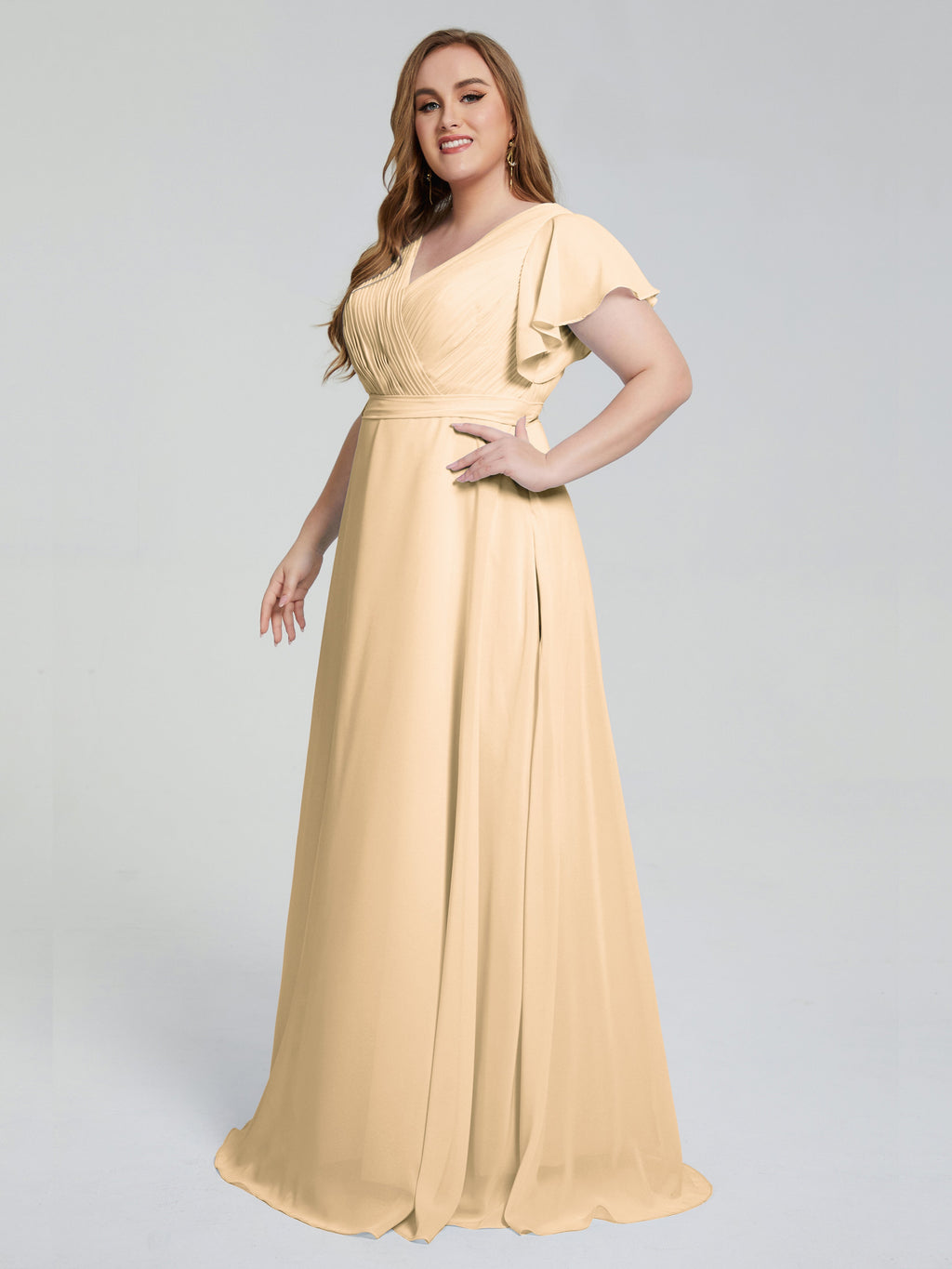 Peach Bridesmaid Dresses V Neck Long Bridesmaid Dresses With Short Sle