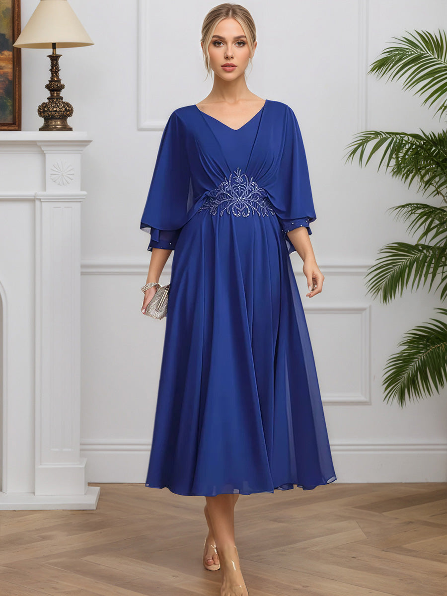 Cicinia Royal Blue Mother Of The Bride Dresses Chiffon Lace V-Neck Long A-Line Tea Length