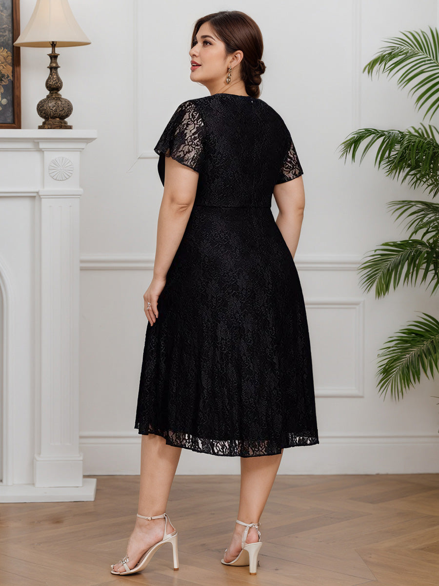 Cicinia Black Mother Of The Bride Dresses Lace A-Line V-Neck Sleeves Tea Length Plus Size