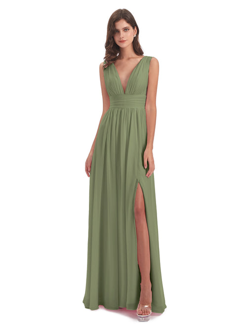 Ovlias Women Green Ruffles V-neck Long Sleeve Belt Split Prom Dress ED0526 main image 1