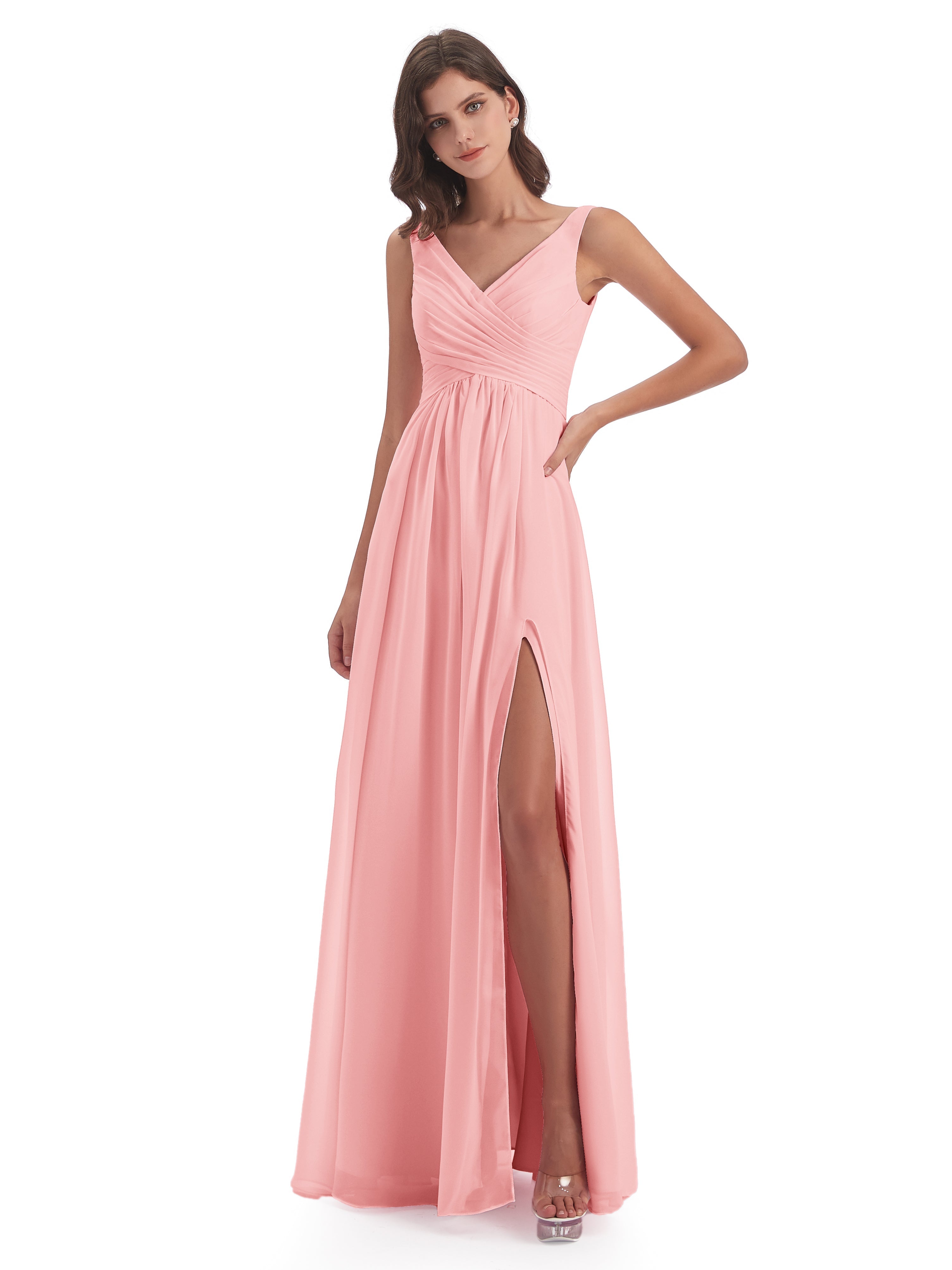 Long Bridesmaid Dresses Blush Chiffon Column Bridesmaid Dresses V Neck Long Bridesmaid Dresses