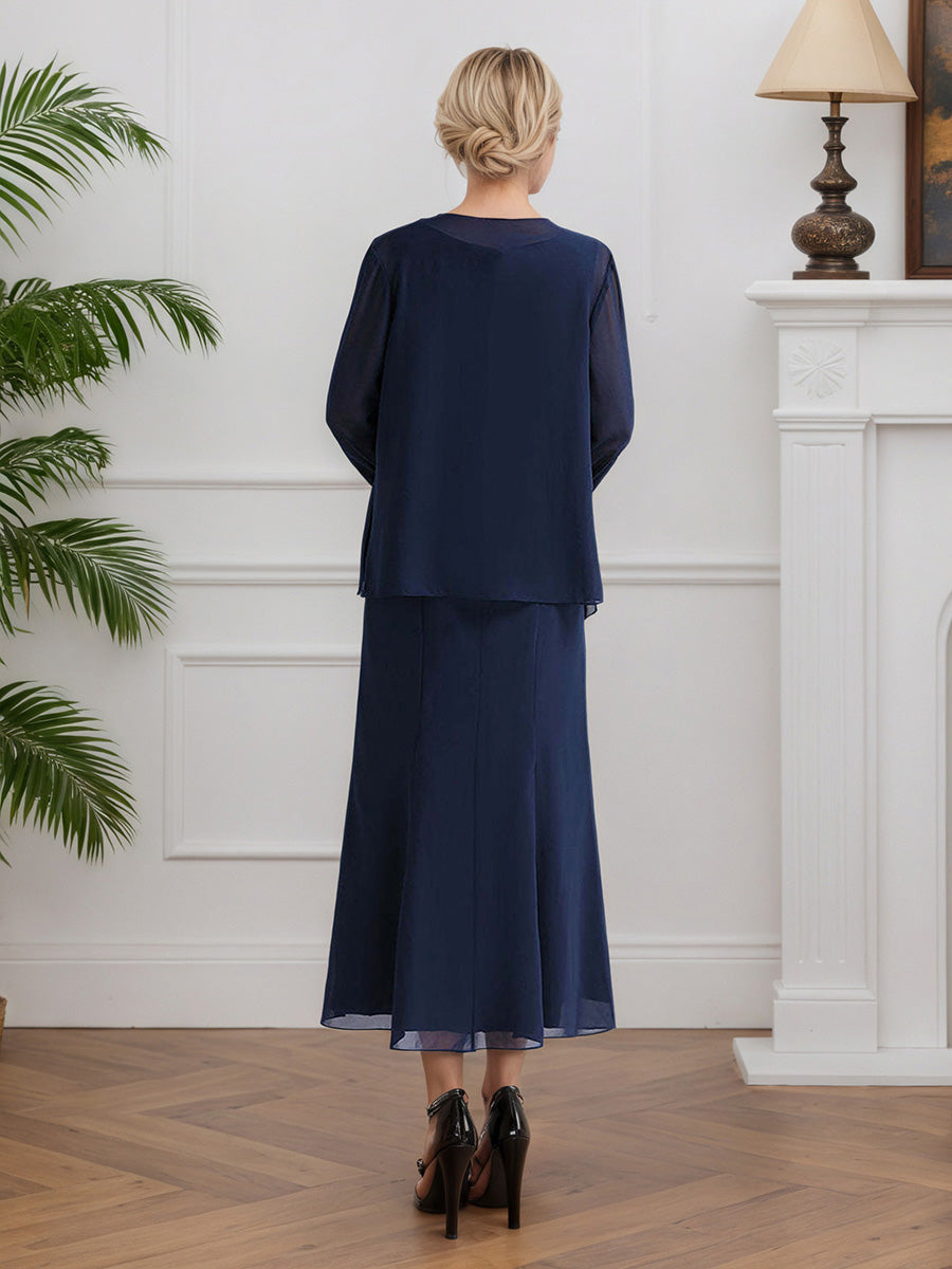 Cicinia Daek Navy 2 Piece Mother Of The Bride Dresses Chiffon A-Line Tea Length Evening Dresses