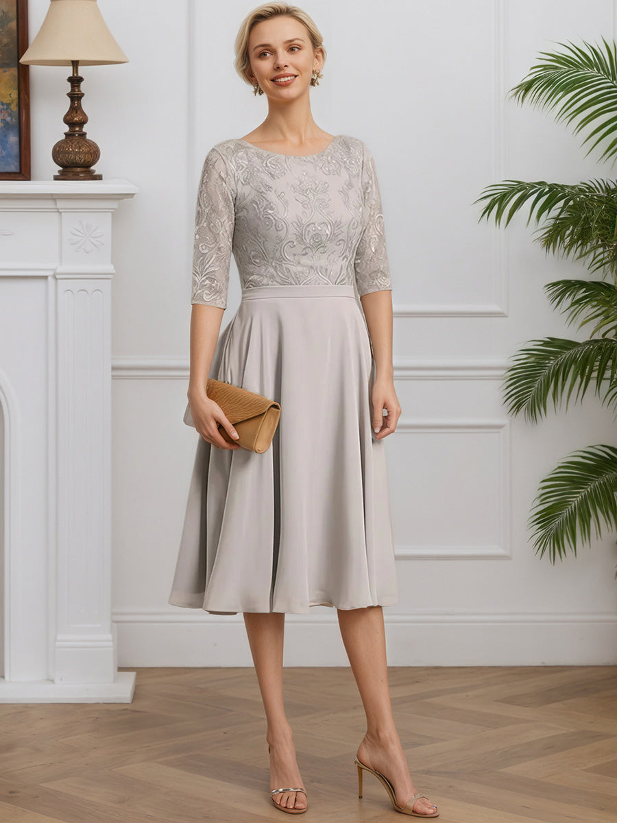 Cicinia Taupe Mother Of The Bride Dresses Lace Chiffon A-Line Half Sleeves Round Neck Knee Length