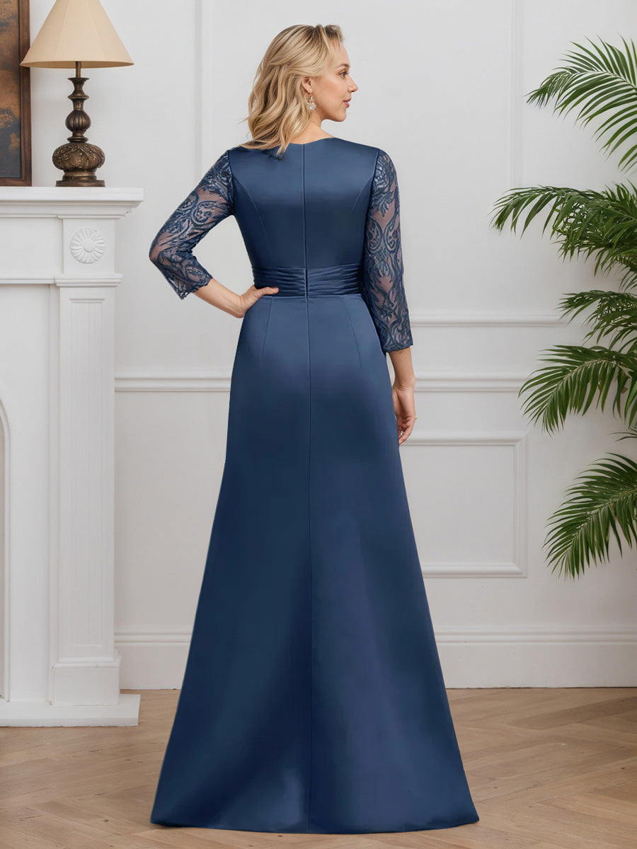 Cicinia Ink Blue Mother Of The Bride Dresses Satin Lace 3/4 Sleeves Round Neck A-Line Floor Length