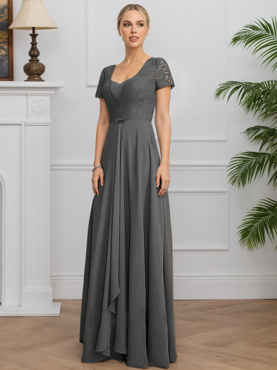 Cicinia Steel Gray Mother Of The Bride Dresses Chiffon Lace Floor Length A-Line Short Sleeves