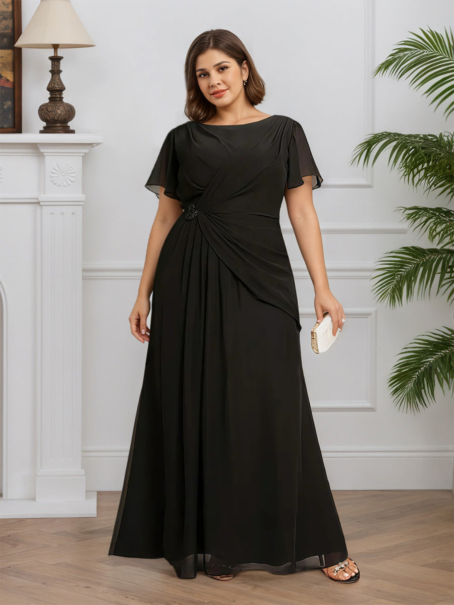 Cicinia Black Mother Of The Bride Dresses Chiffon Jewel Sheath Short Sleeves Floor Length Plus Size