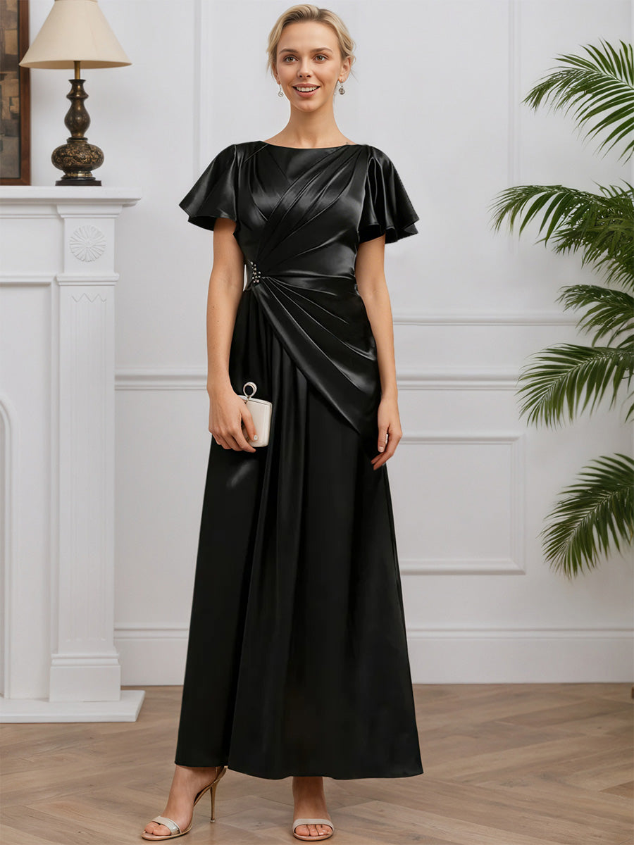 Cicinia Black Mother Of The Bride Dresses Satin Short Sleeves Beading Long A-Line