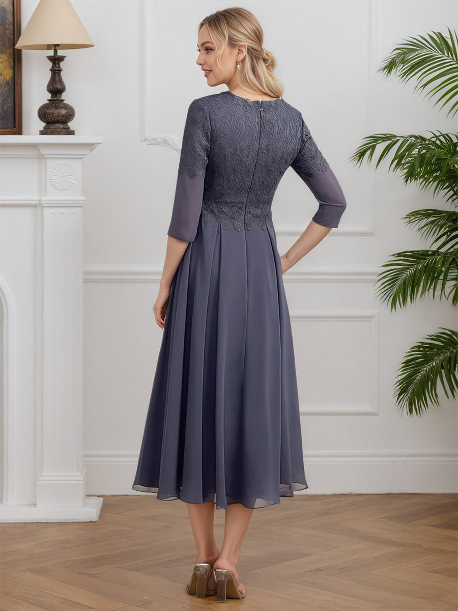 Cicinia Stormy Mother Of The Bride Dresses Chiffon Lace A-Line V-Neck Tea Length 3/4 Length Sleeves