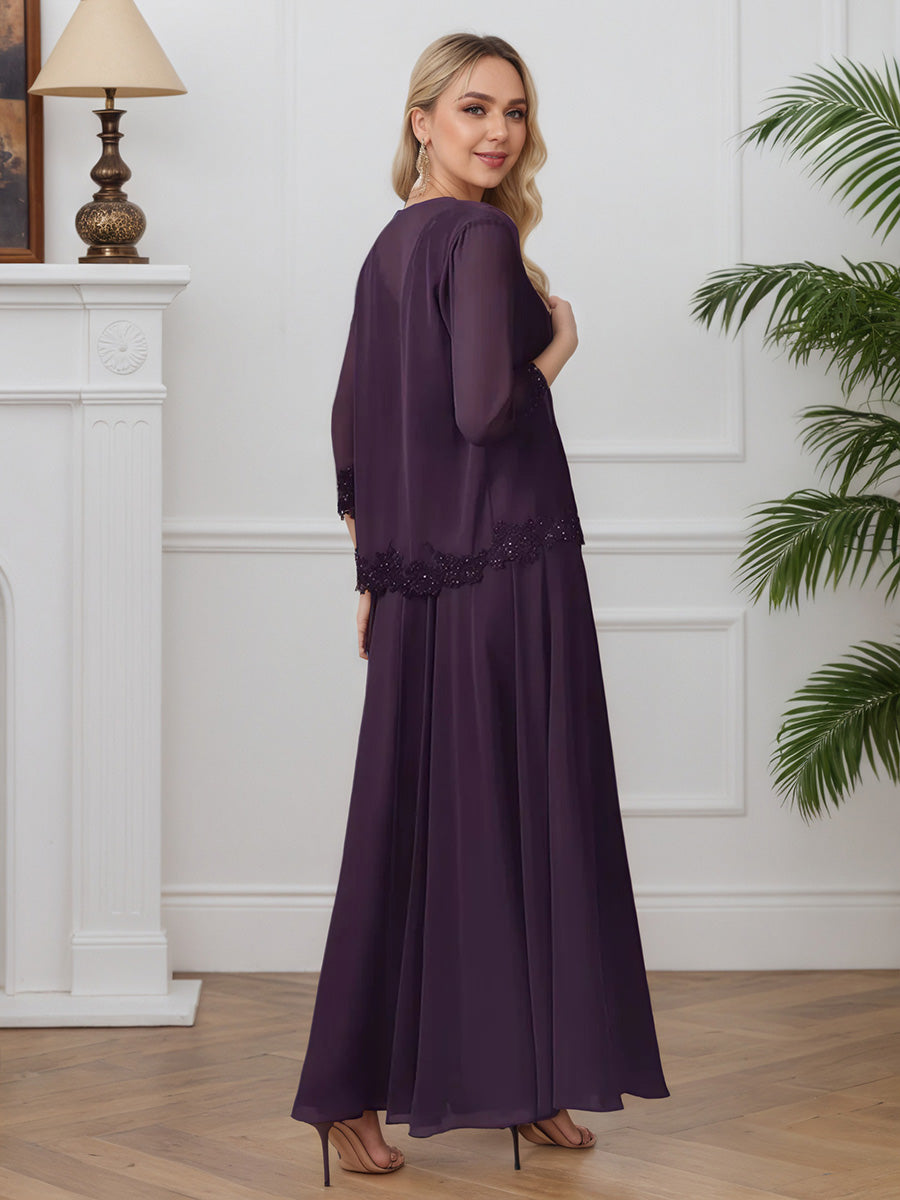 Cicinia Plum 2 Piece Mother Of The Bride Dresses Chiffon Lace Sleeveless V-Neck A-Line