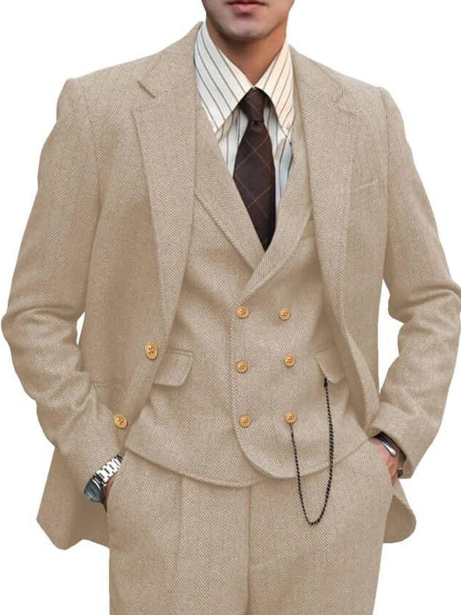Elegant Champagne 3 Piece Men's Suit with Chevron Pattern for the Groo
