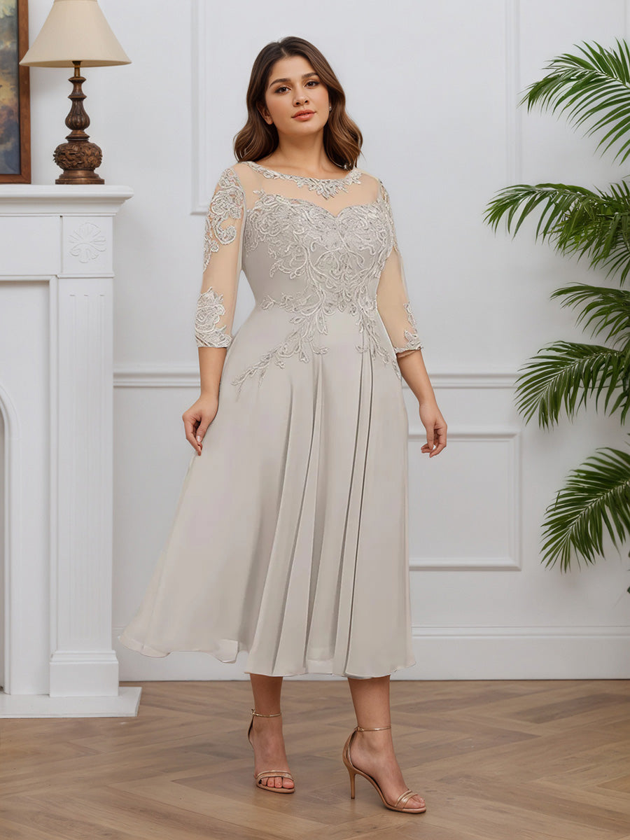 Cicinia Silver Mother Of The Bride Dresses Chiffon Lace A-Line Jewel Sleeves Tea Length Plus Size