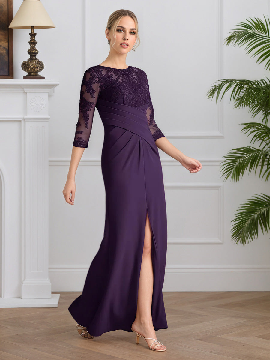 Cicinia Grape Mother Of The Bride Dresses Chiffon Lace 3/4 Sleeves Sheath Floor Length