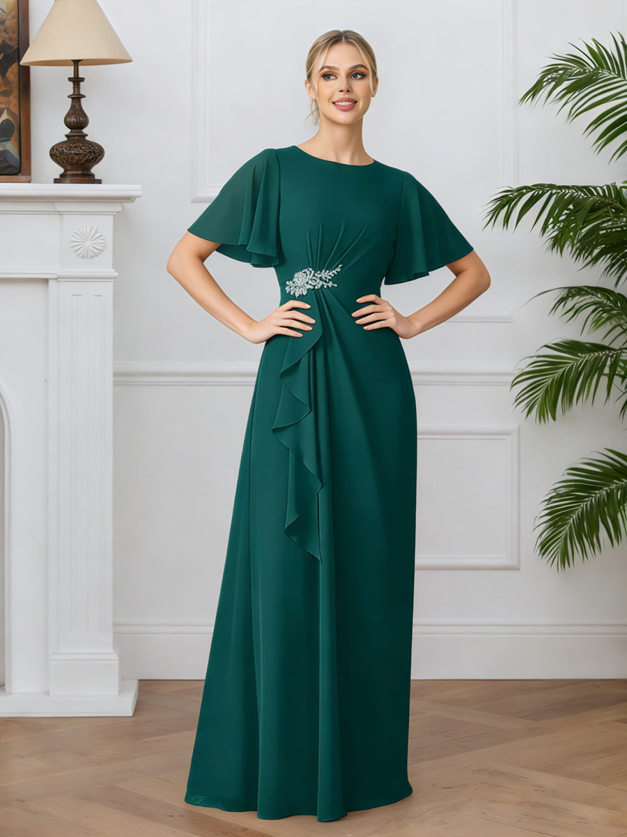 Cicinia Peacock Mother Of The Bride Dresses Chiffon A-Line Jewel Short Sleeves Beading Flowy